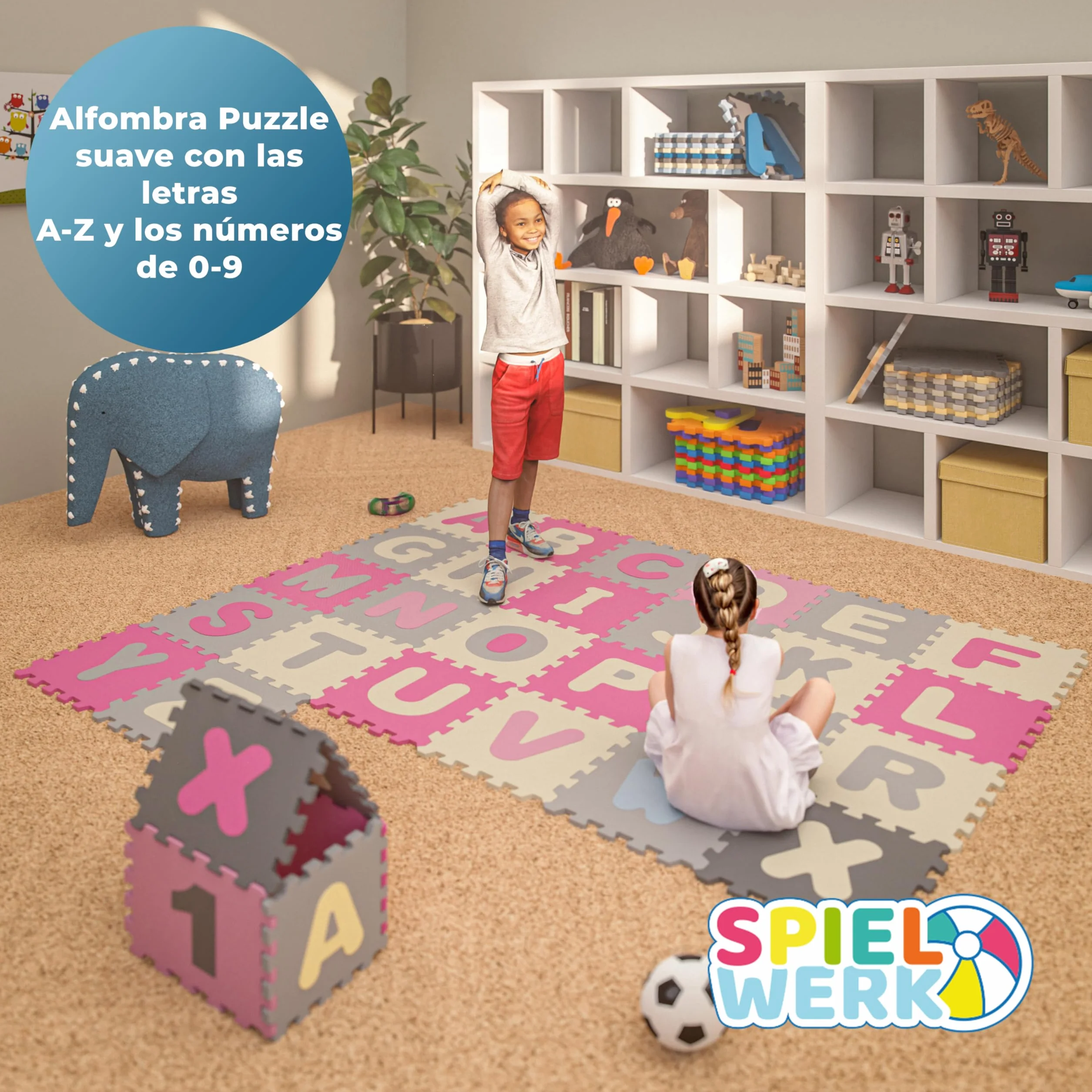 Spielwerk Alfombra Puzzle XXL 86 Piezas Letras Números 3,3m² Gomaespuma Rosa
