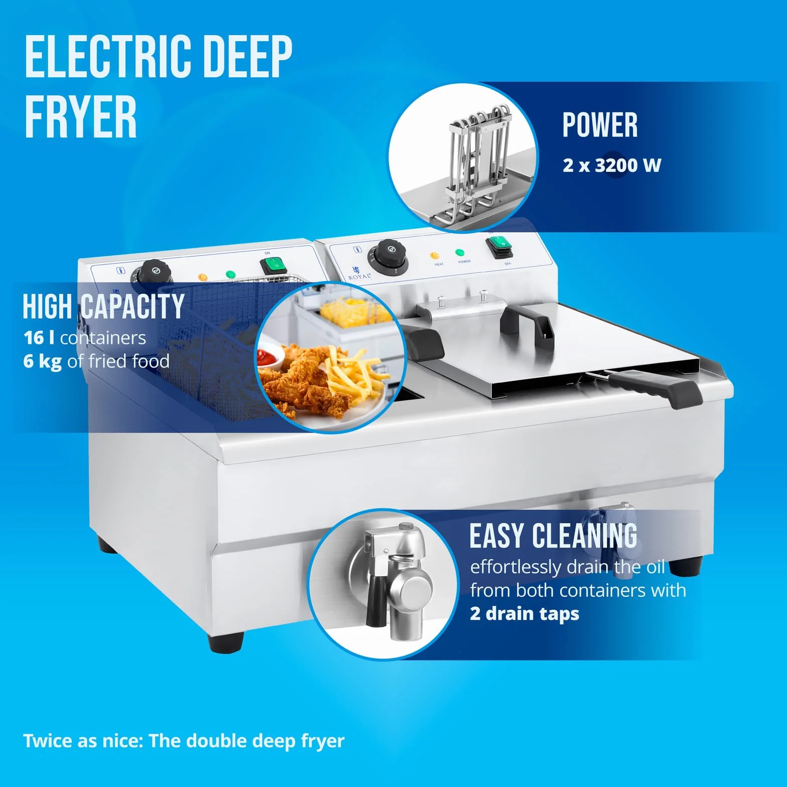 Royal Catering Freidora Electrica Profesional Doble RCEF 16DH-1 (2 x 16 L, 2 x 3 200 Watt, Termostato, 2 Grifos de vaciado, Acero inoxidable)