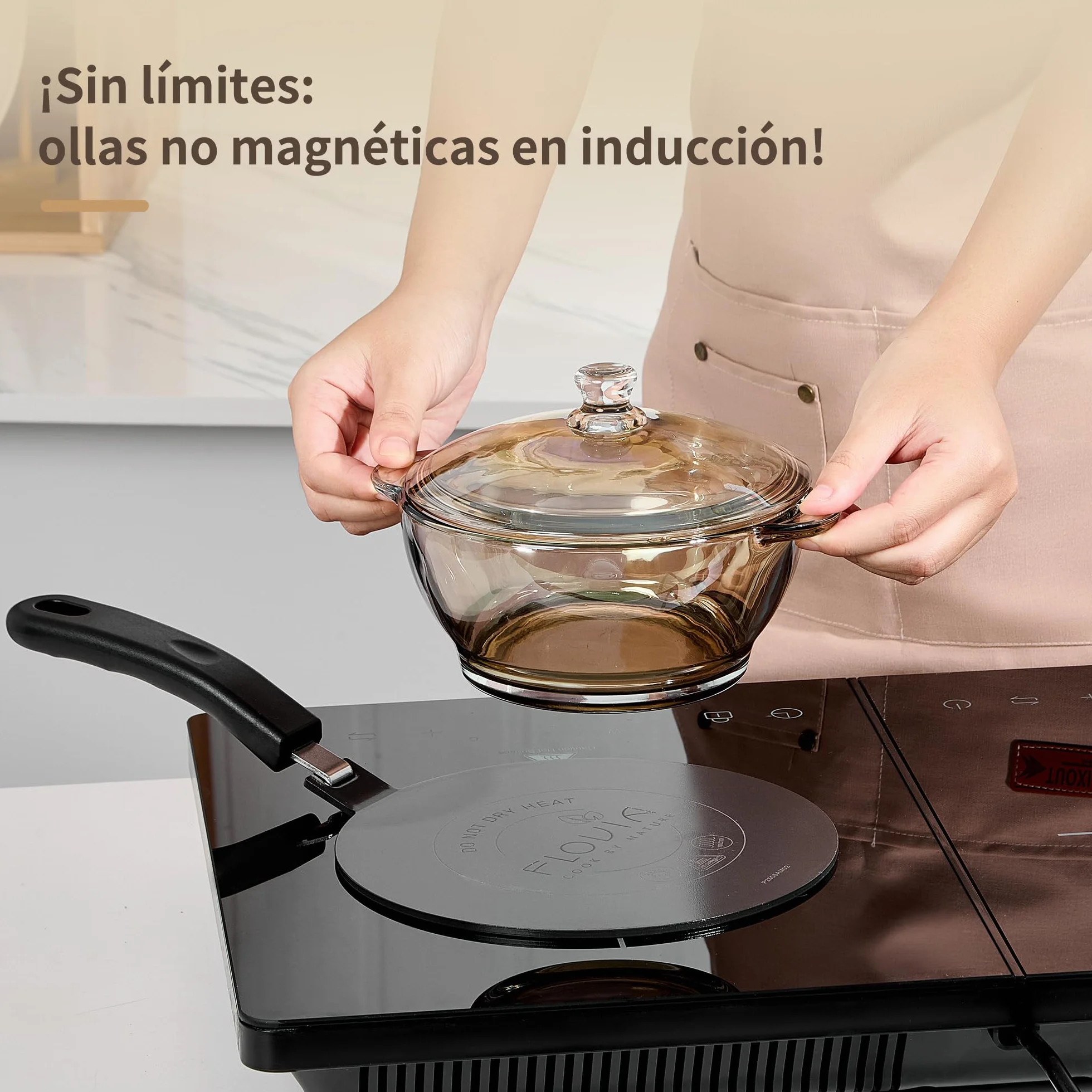 Placa Adaptadora para Inducción con Mango Desmontable, Difusor de Calor 24cm, Negro, Compatible con Cocinas de Inducción, Gas y Eléctricas