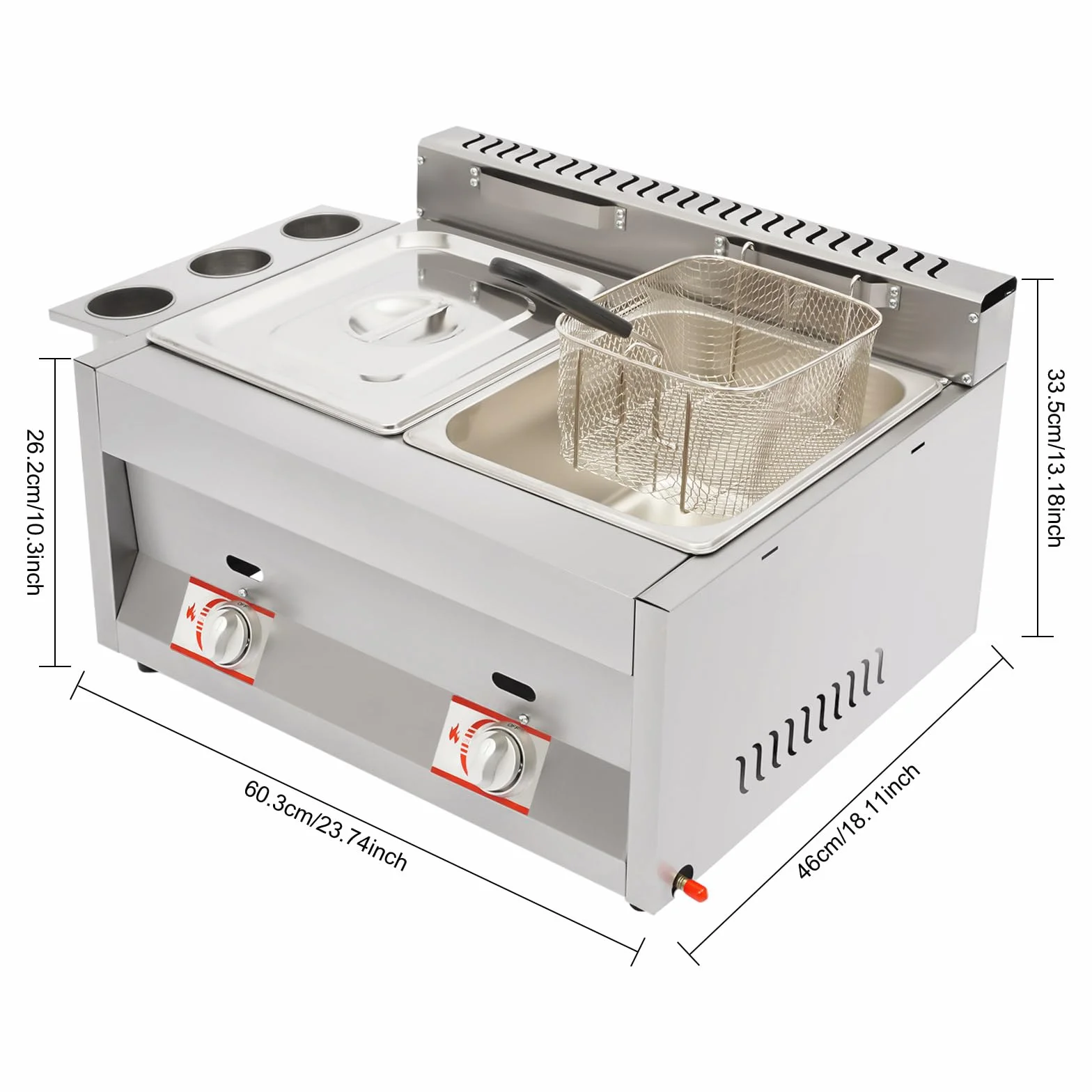Freidora gastronómica doble de gas de acero inoxidable 430, 2 x 6,34 l, 50 – 380 °C, con tapa para patatas fritas, pollo, comercial, para restaurante, aperitivo, cocina comercial, fiesta