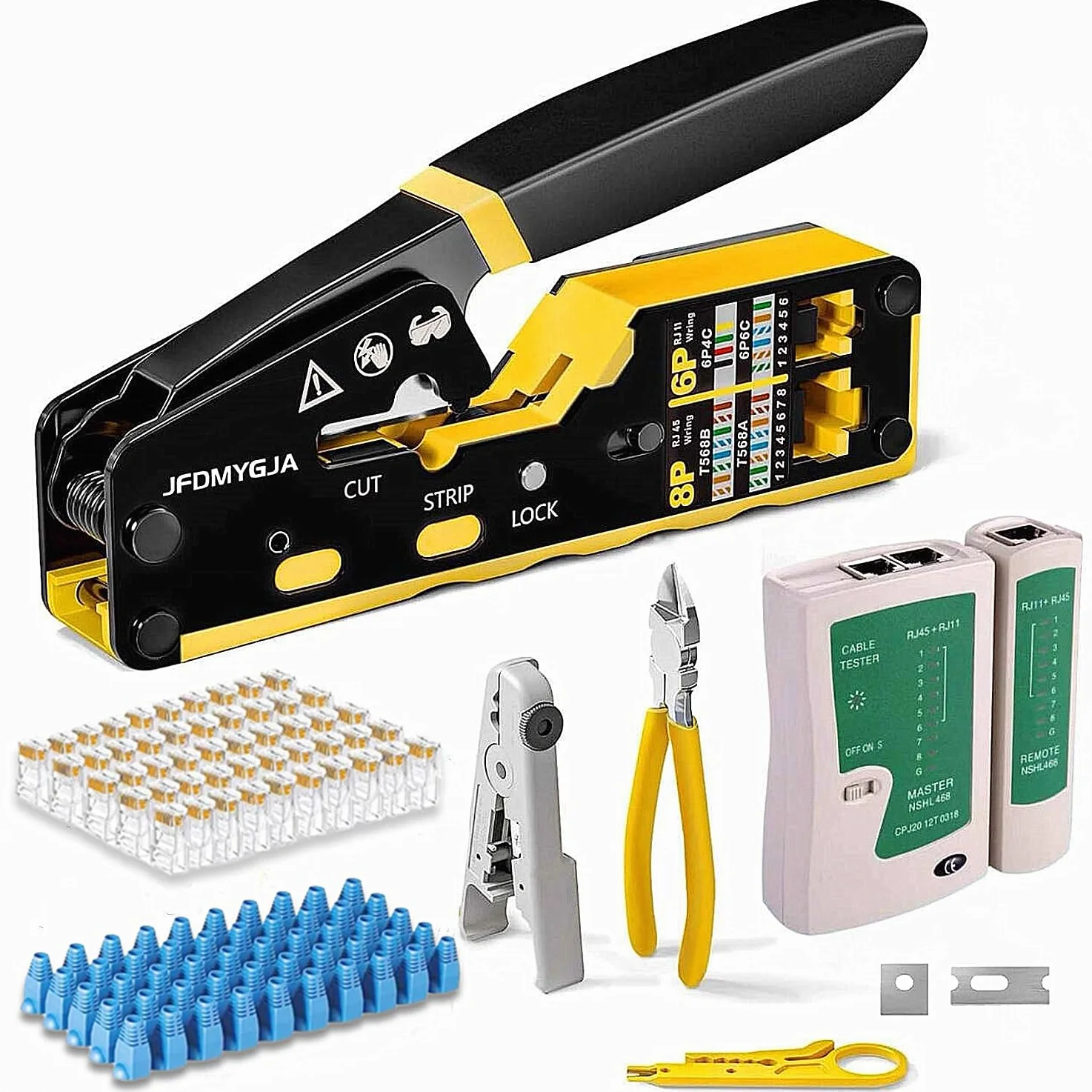 Kit de herramientas de crimpado RJ45, crimpadora Ethernet Cat6 Cat5e Cat5 | Herramienta de crimpado Ethernet con probador de cables de red, conectores de paso RJ45, pelacables