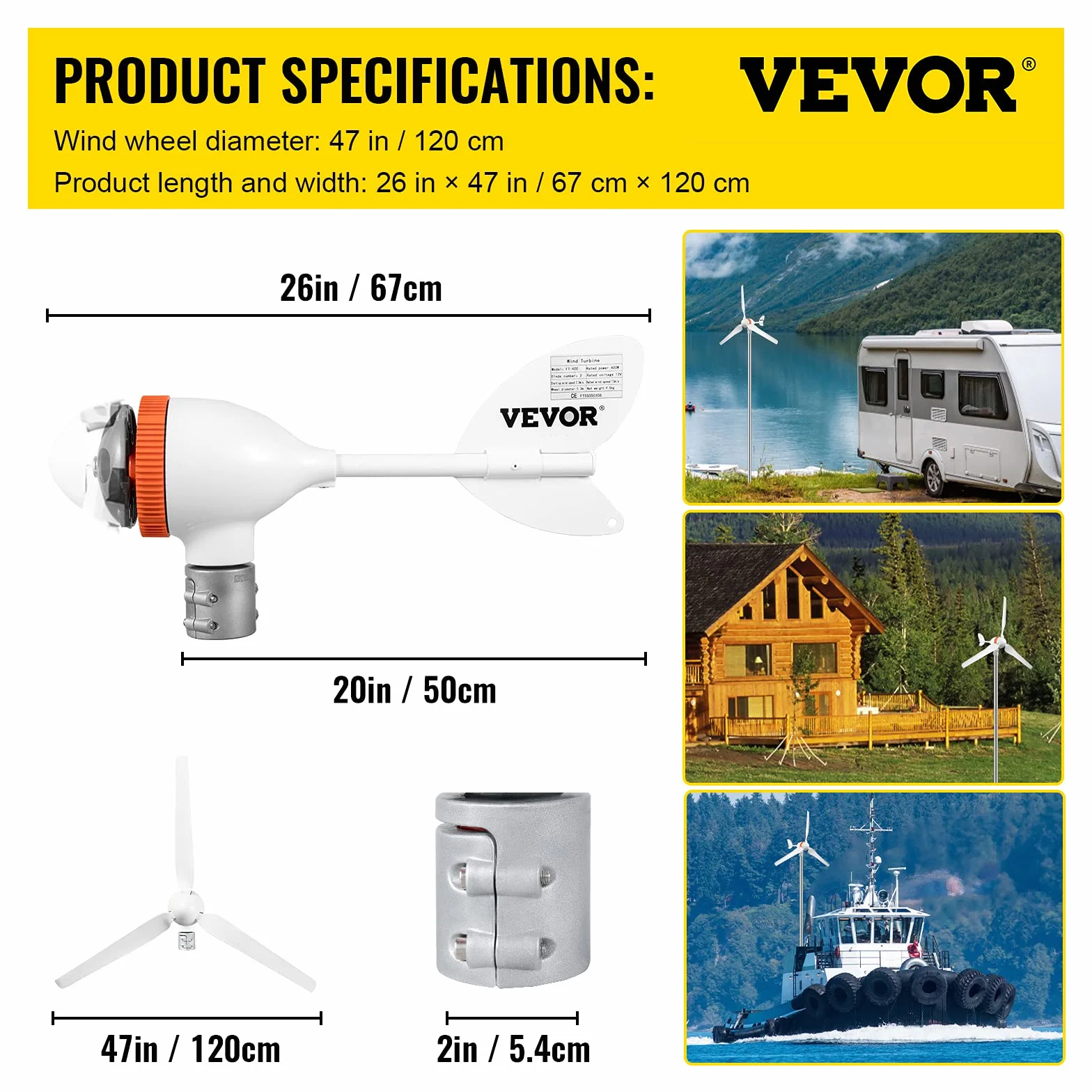 VEVOR Generador de Turbina Eólica 12 V 400 W Aerogenerador Horizontal 3 Cuchillas Velocidad Nominal 13 m/s Kit de Turbina Eólica Resistente y Durable con Controlador de Carga, Chalets, Blanco