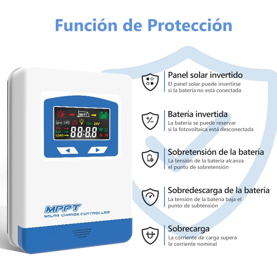 Anern Regulador de Carga Solar MPPT 40A 12/24V Auto Entrada FV MAX 100V,40A Controlador Solar Mppt Para 12V 24V Plomo ácido y Litio Baterías etc
