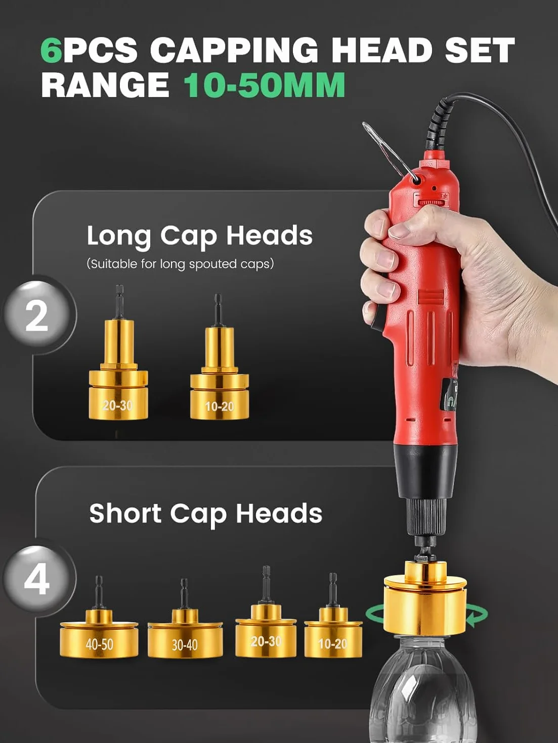 Huanyu Electric Bottle Capper Máquina de tapado portátil Sellador de tapado ajustable de velocidad de 10 mm a 50 mm Máx. 1300 RPM (220 V, tapadora + 6 cabezales de atornillado + extractor)
