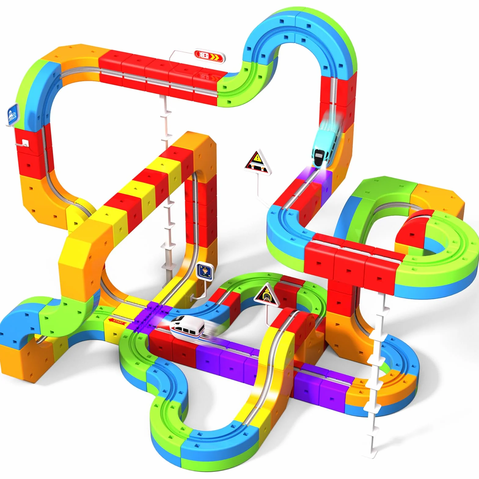 Goody King Tren Eléctrico Juguete 110 Piezas Vía Magnética con Señales de Tráfico DIY Pistas Cubos Magnéticos Regalo Niños 4-12 Años