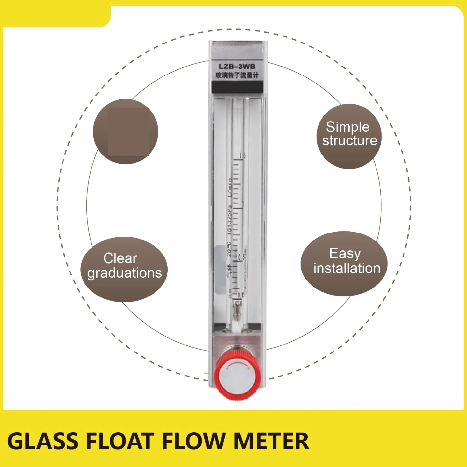 1 medidor de flujo flotante de vidrio LZB-3WB micro ajustable para agua líquida, rotámetro de área variable (10-100 ml-min)