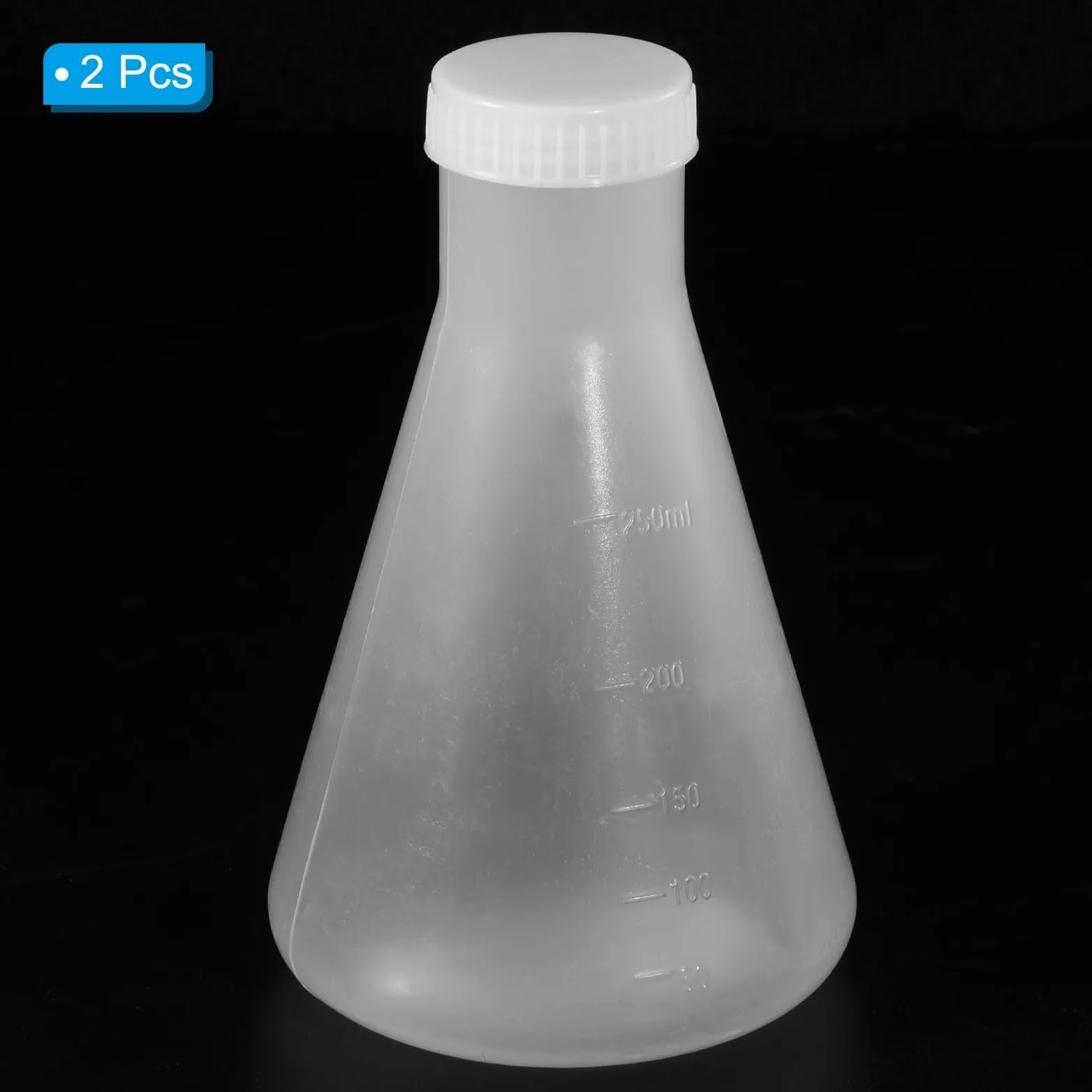 Matraz de Erlenmeyer de Plástico 250ml con Tapón de Roscas, Paquete de 2 Matraz Cónico de Boca Estrecha para Laboratorio, Transparente(250ML)