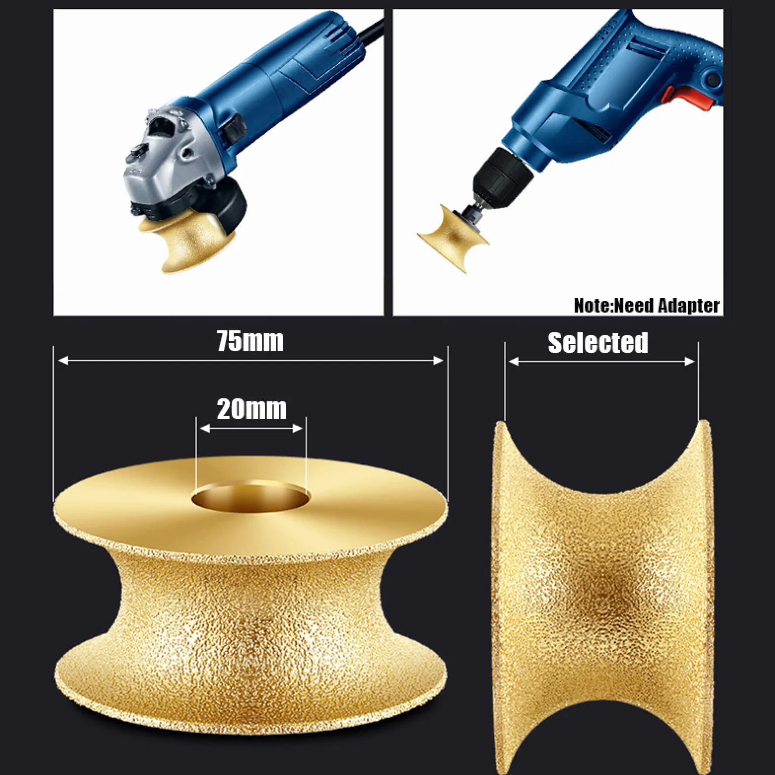 Discos de Esmerilado Manual, Muela abrasiva de Diamante soldada al vacío, Media caña, 75 mm, diámetro Interior 20, Grano 60-80, Varios tamaños(30mm)