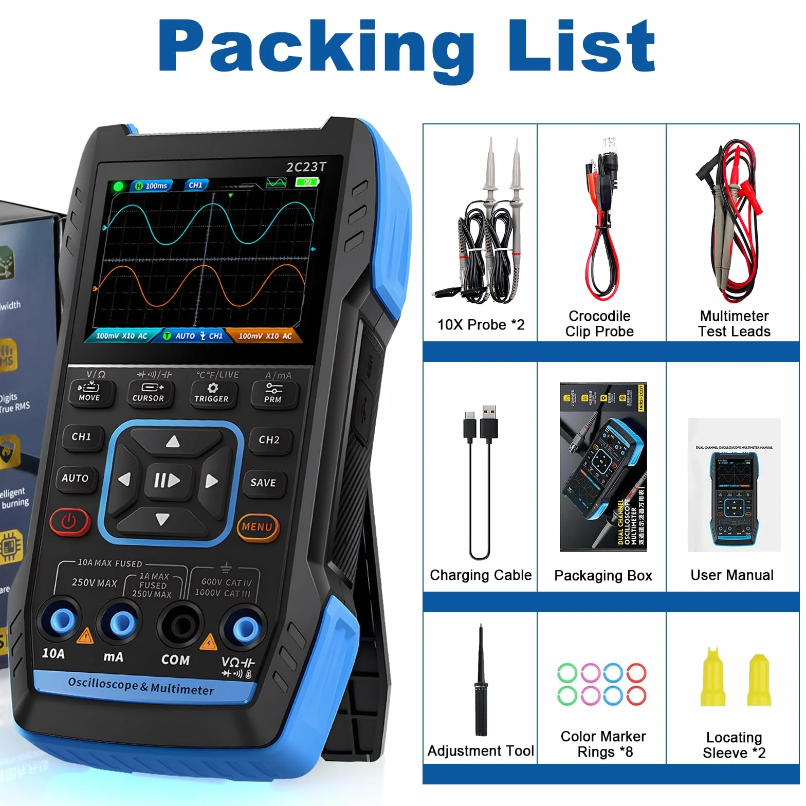 Osciloscopio Multímetro 2 Canales, WapoRich 3 en 1 Profesional Osciloscopio Portátil con 10MHz, 50 MSa/s, TRMS 9999 Cuentas, 7 Formas de Onda para Laboratorio, Automocion