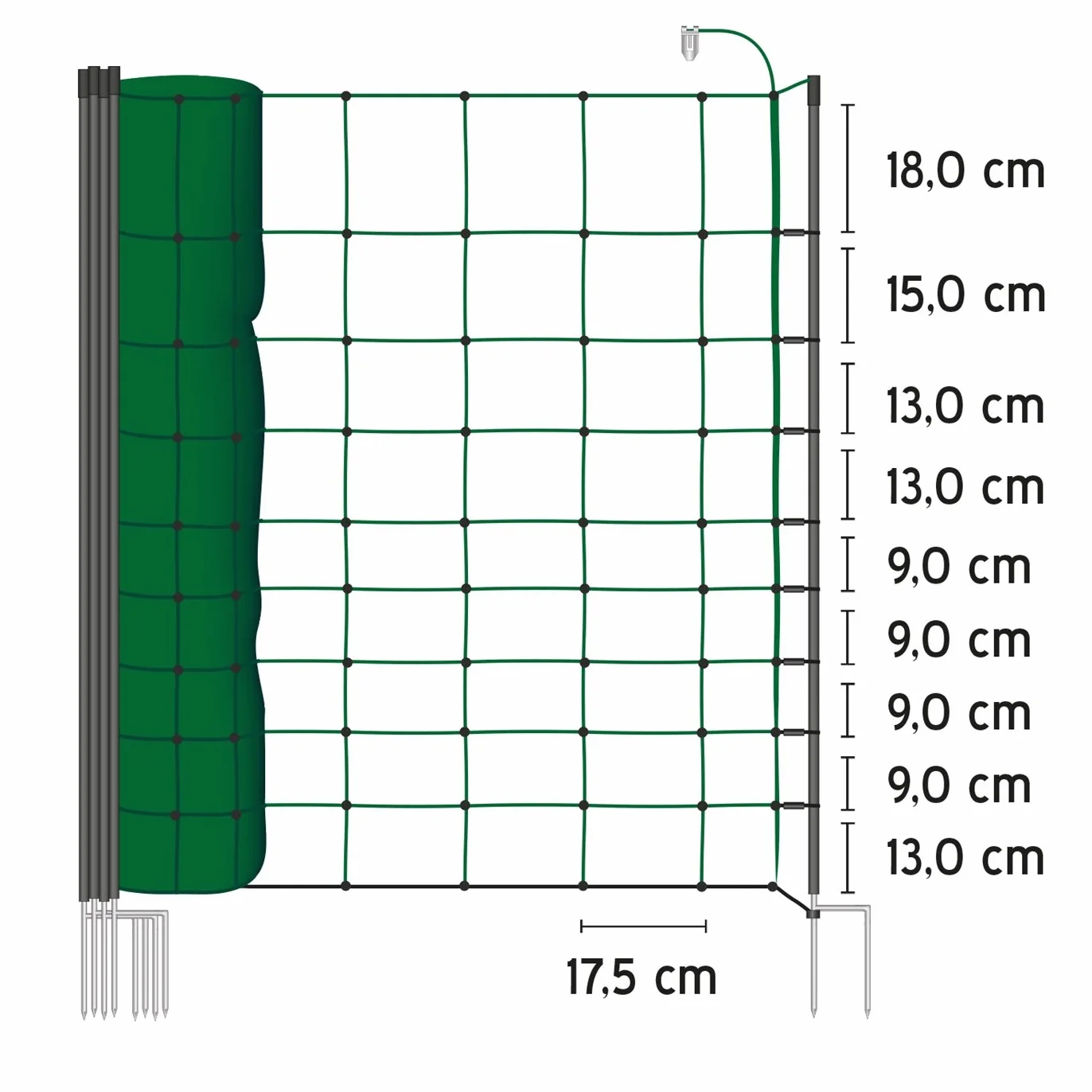 VOSS.farming Malla eléctrica para ovejas, Cabras, Rollo de 50m de Longitud y 108cm de Altura, 14 Postes con Punta Doble y Kit de reparación, Color Verde