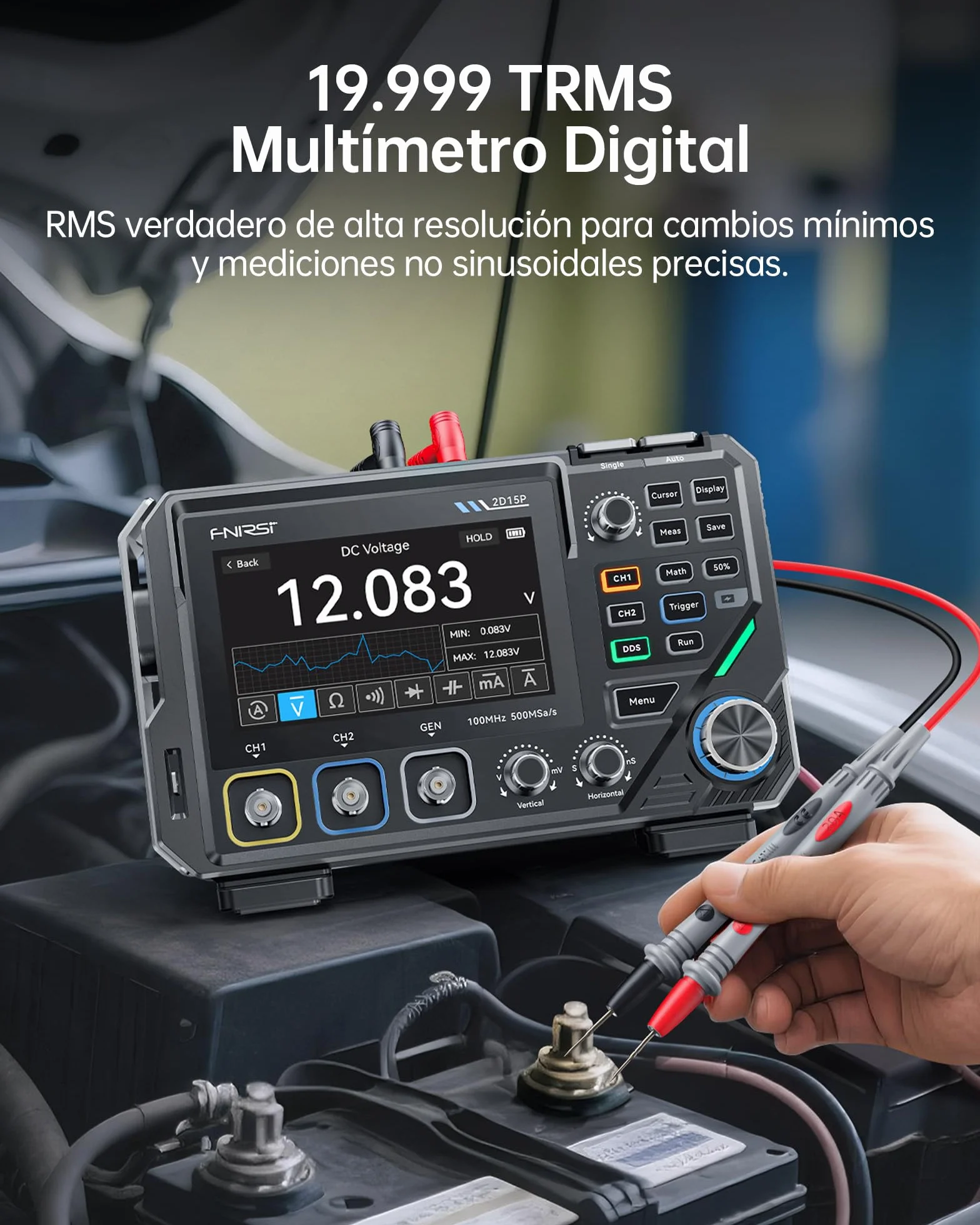 FNIRSI 2D15P Osciloscopio Digital de 100 MHz, Multímetro, Generador de Señales DDS, 3 en 1, 2 Canales, Multímetro Automotriz, 19’999 TRMS, Muestreo de 500MS/s, Pantalla Táctil de 4,3"