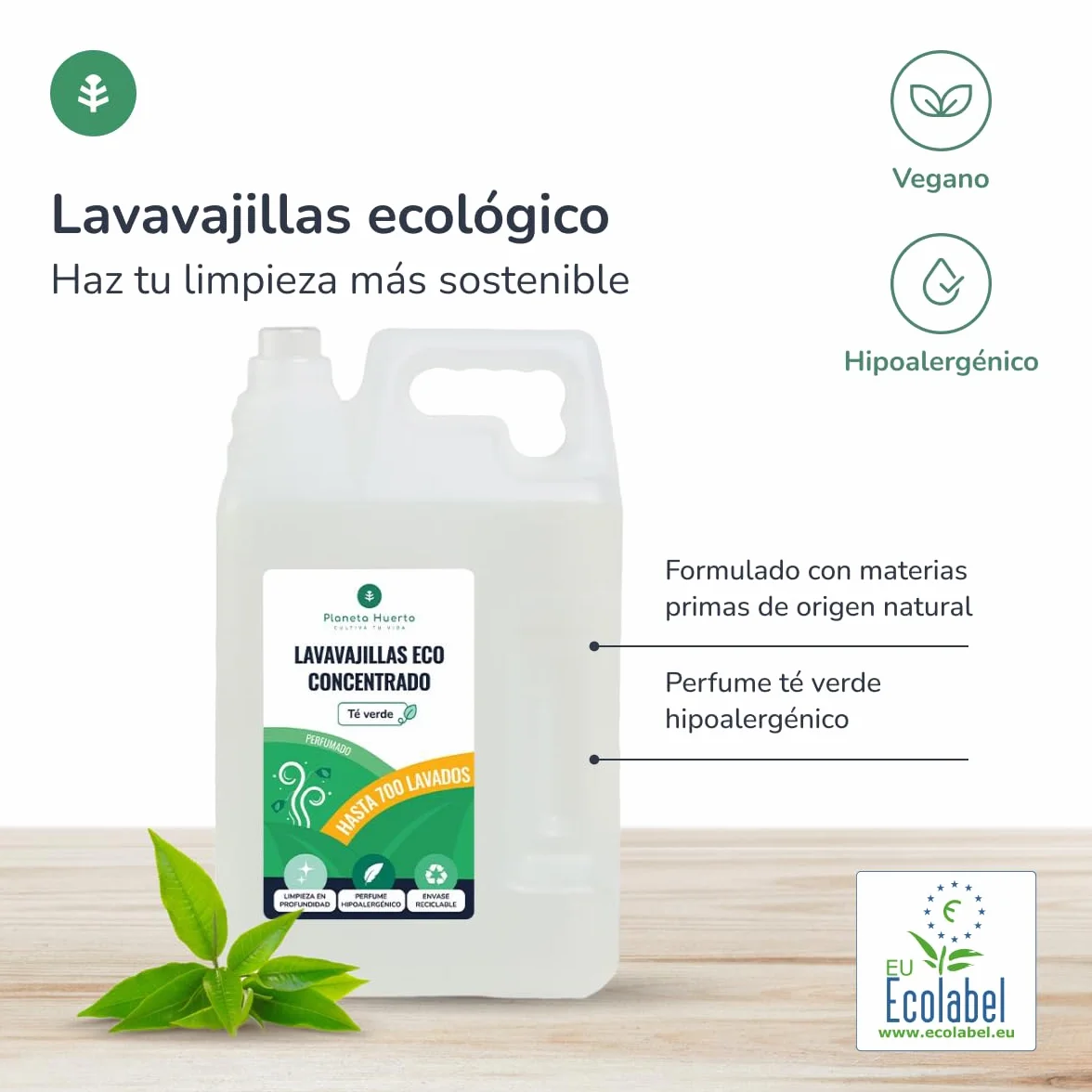 PLANETA HUERTO | Pack 6x Lavavajillas Manual Té Verde ECO 5 L | Detergente Ecológico Concentrado para una Limpieza Eficiente y Sostenible