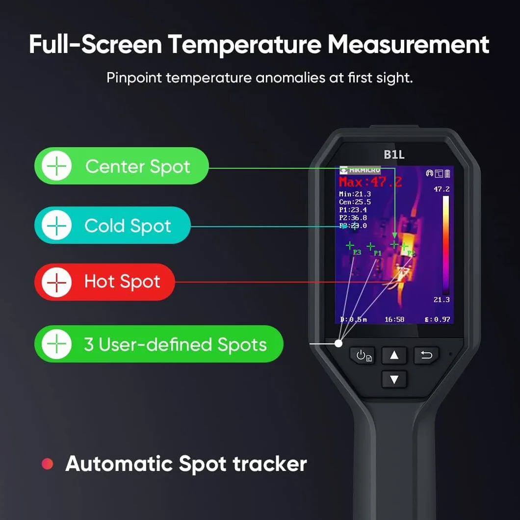 HIKMICRO B1L Cámara termográfica de resolución IR de 160 x 120 con WiFi, 25 Hz, pantalla LCD de 3,2", cámara termográfica infrarroja portátil de 19.200 píxeles con alarma de alta temperatura