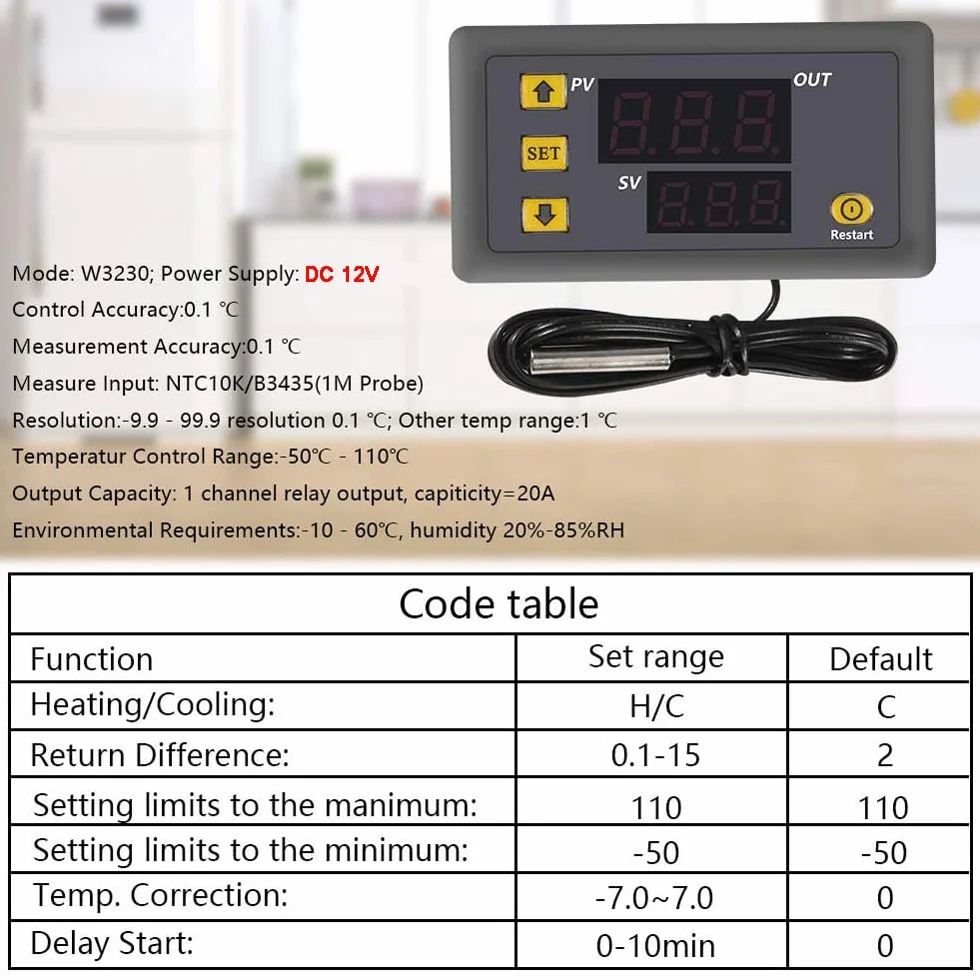 Greluma W3230 Controlador de temperatura digital DC 12V 20A Termostato LED NTC 10K -50 a 110 °C