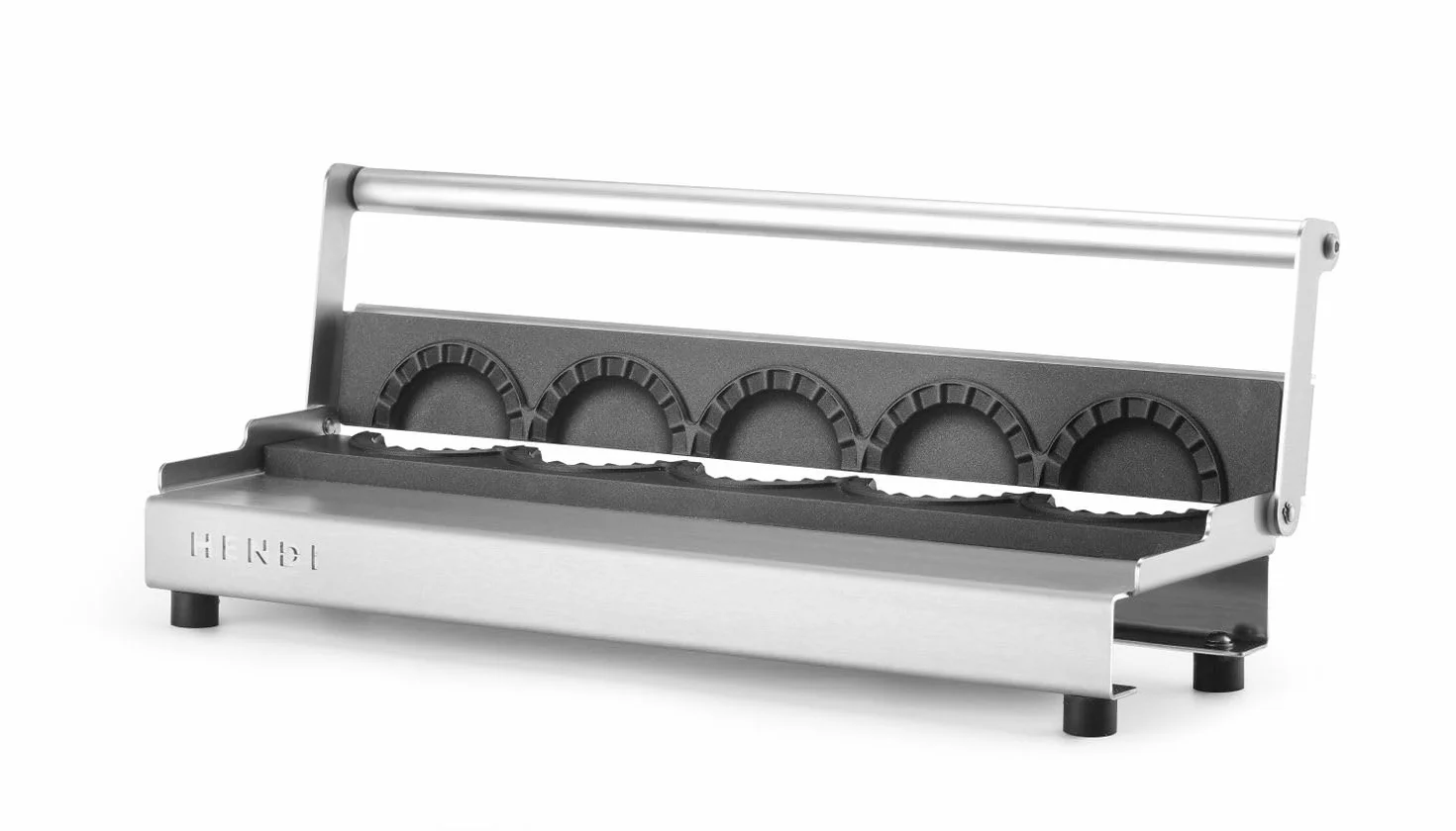HENDI Máquina para hacer empanadillas, manual, molde para preparar 5 dumplings a la vez, revestimiento antiadherente, presión uniforme, prensa para pastas rellenas, 470x140x(H)95mm, acero inoxidable