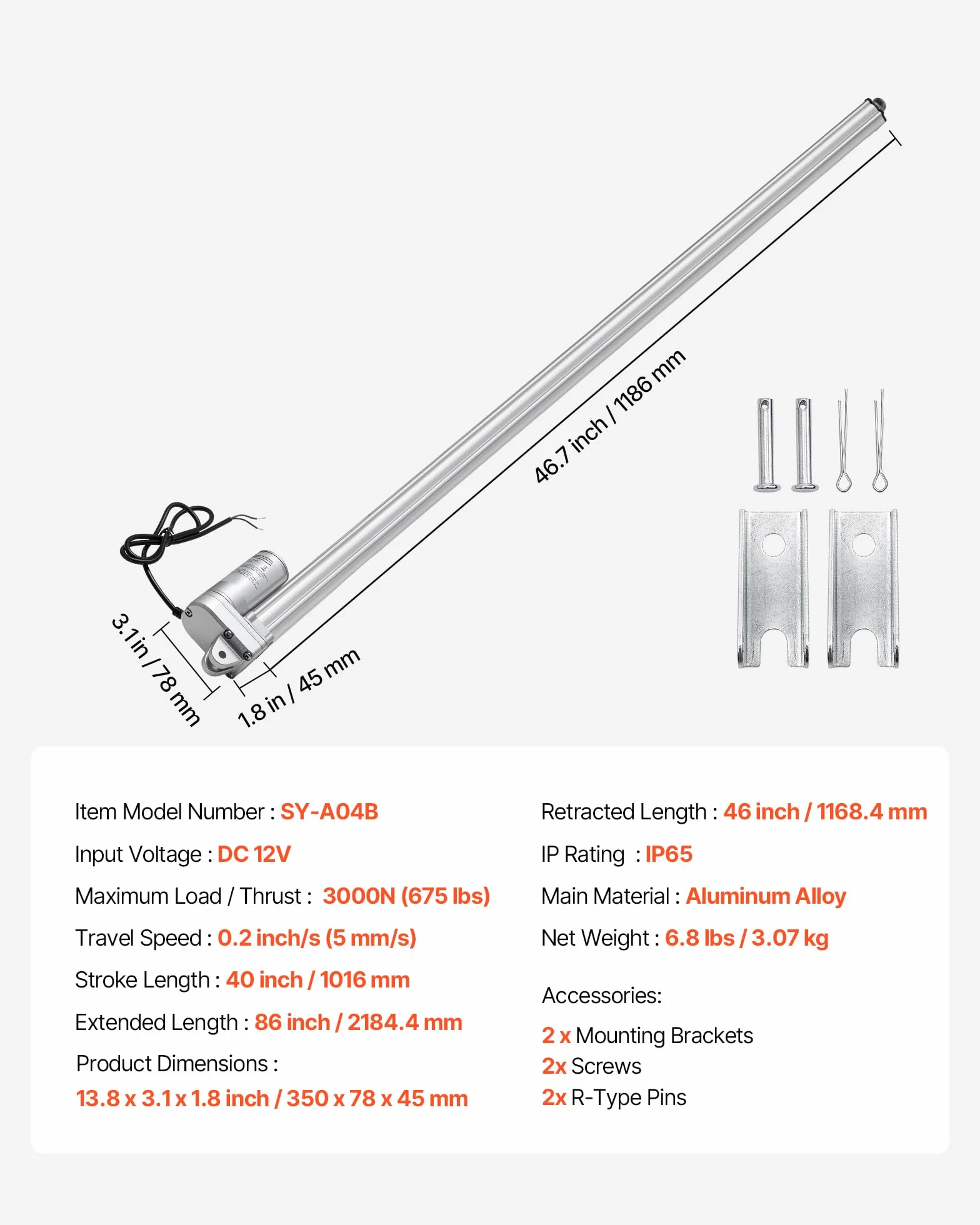 VEVOR Actuador Lineal de 12 V, Motor Lineal Impermeable IP65 de 1016 mm, 3000 N y 5 mm/s, con Soportes de Montaje para Seguidores Solares, Maquinaria Industrial y Abridores de Puertas, Plata