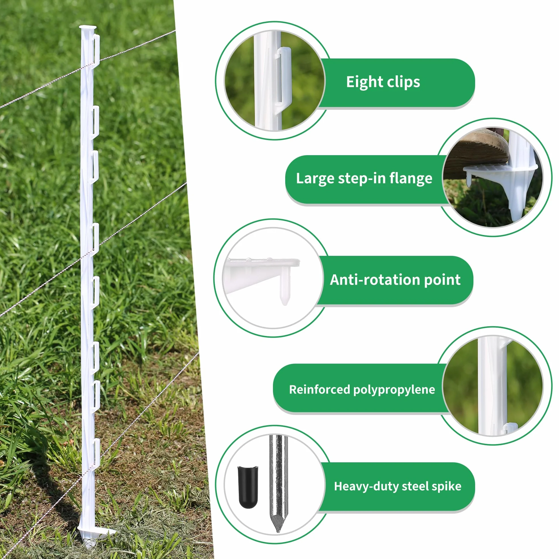 50 Postes de Valla Eléctrica de Plástico, Postes Portátiles para Valla de Jardín con Ojales para Cintas, Cuerdas, Hilos o Alambres, Longitud Total 122 cm, Blanco