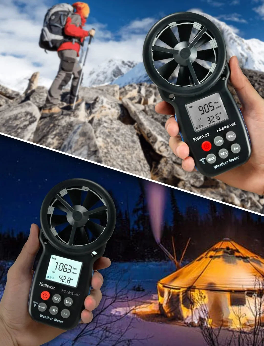 Anemómetro Digital Kethvoz KE-866B-WM Medidor de Viento con Barómetro, Altímetro y Medición de Humedad