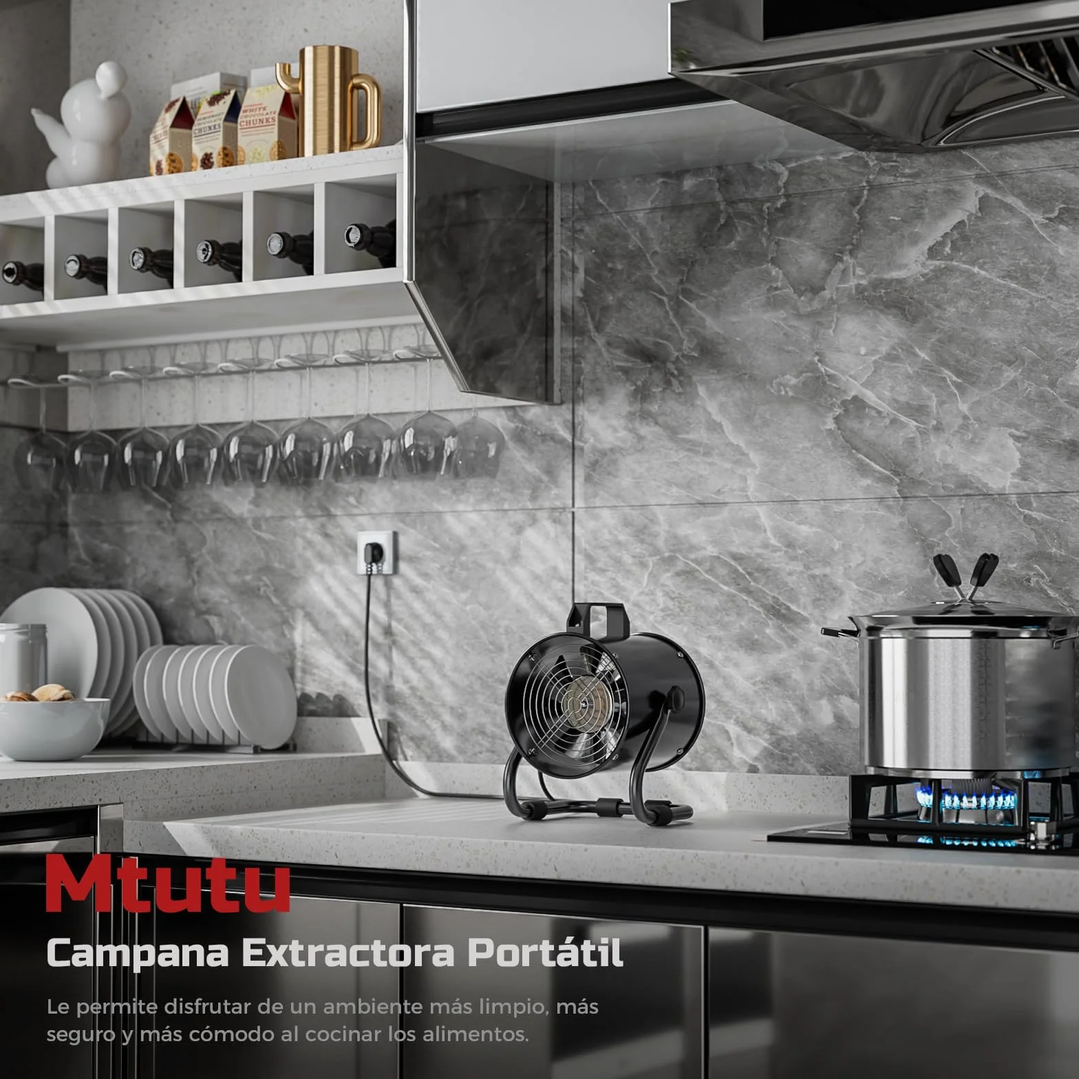Campana Extractora Portátil 40W 600m³/h Extractor Aire Humos Aleación Aluminio con Filtro Carbón Activado Ajustable Bajo Ruido para Cocina RV