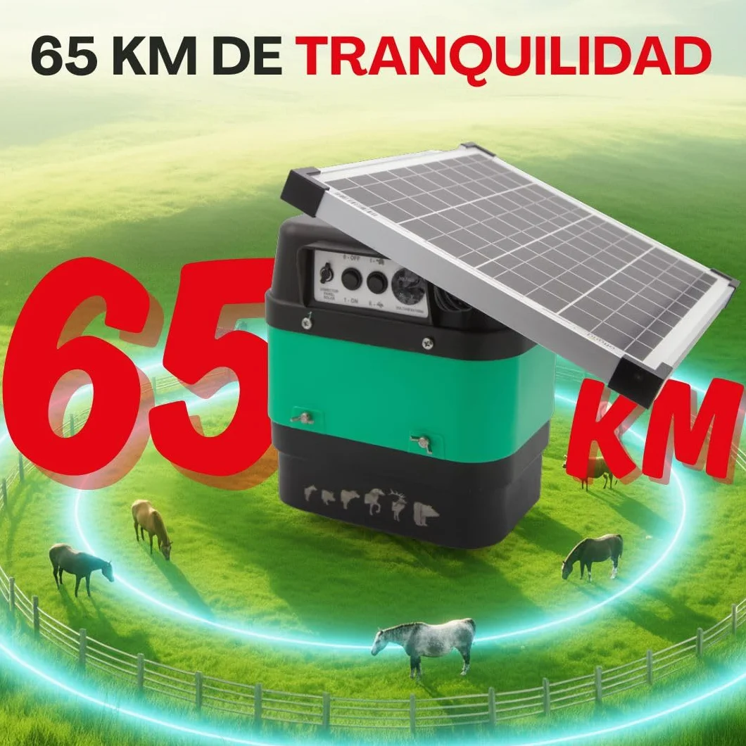 Pastor eléctrico Solar Llampec Mod.18S con Panel 12V 20W Incluido – 5,3 J, 10.000 V y 65 km de Alcance – Ideal para Ganado equino, Vacuno, porcino y Animales Salvajes – Batería 12V 45Ah no incluida