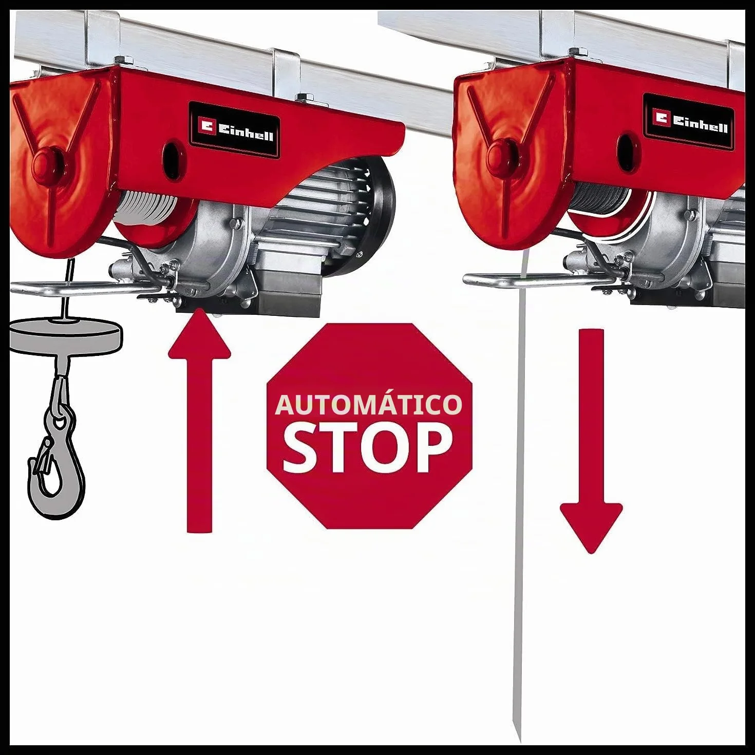 Einhell Polipasto eléctrico - TC-EH 250, 450 W, parada de emergencia e interruptor termostático, Cable de alambre sin torsión de 12 m, rodillo guía con gancho de carga y cierre de seguridad, Rojo