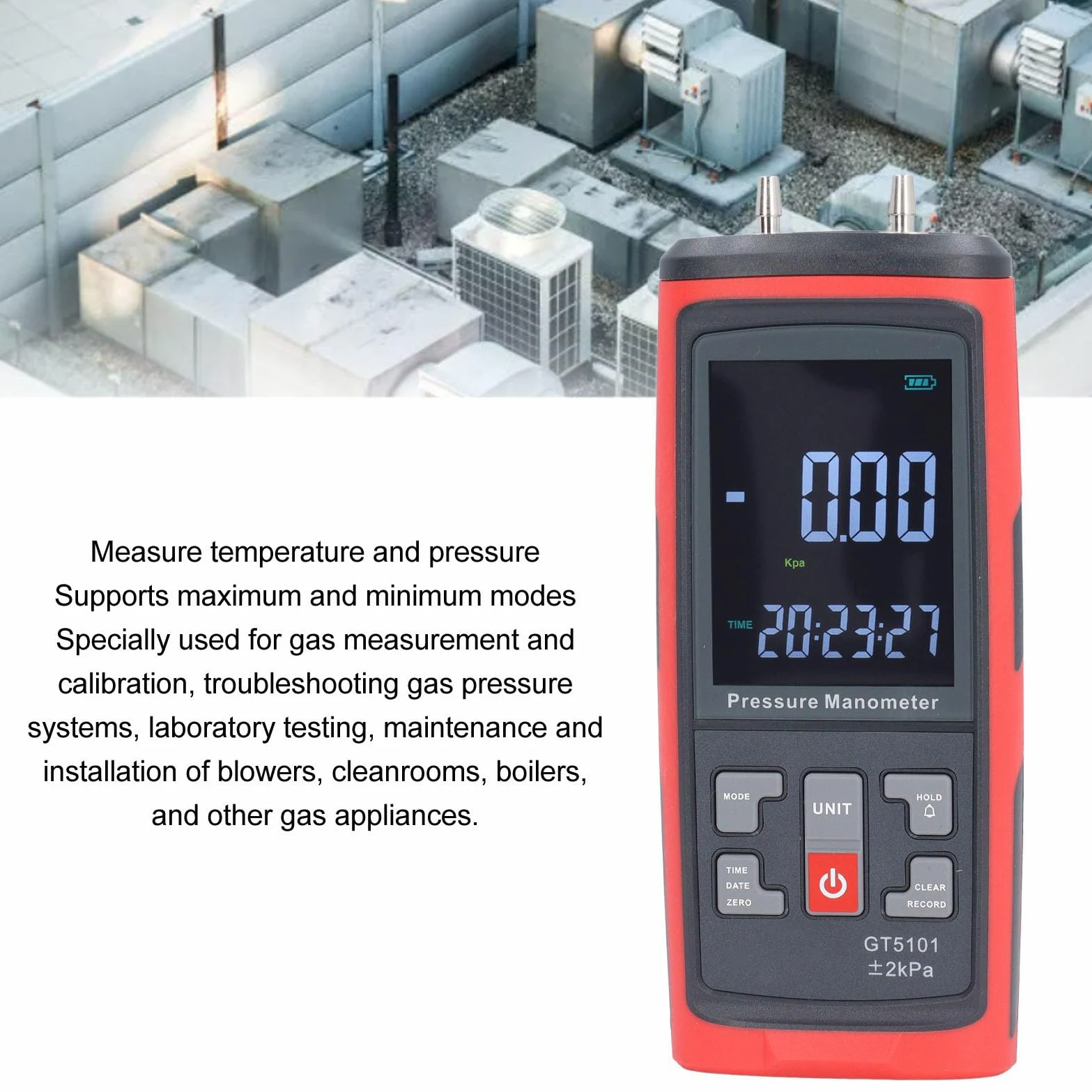 Manómetro Diferencial Digital 2KPa con Retroiluminación LCD Calderas HVAC Salas Blancas Calibración del de Gas Manómetro de Doble Función para Pruebas de Laboratorio Industrial