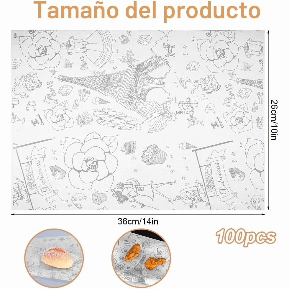 Papel Antigrasa Alimentos 36×26 cm Papel Encerado Resistente al Aceite para Cocina Hamburguesas Papas Fritas