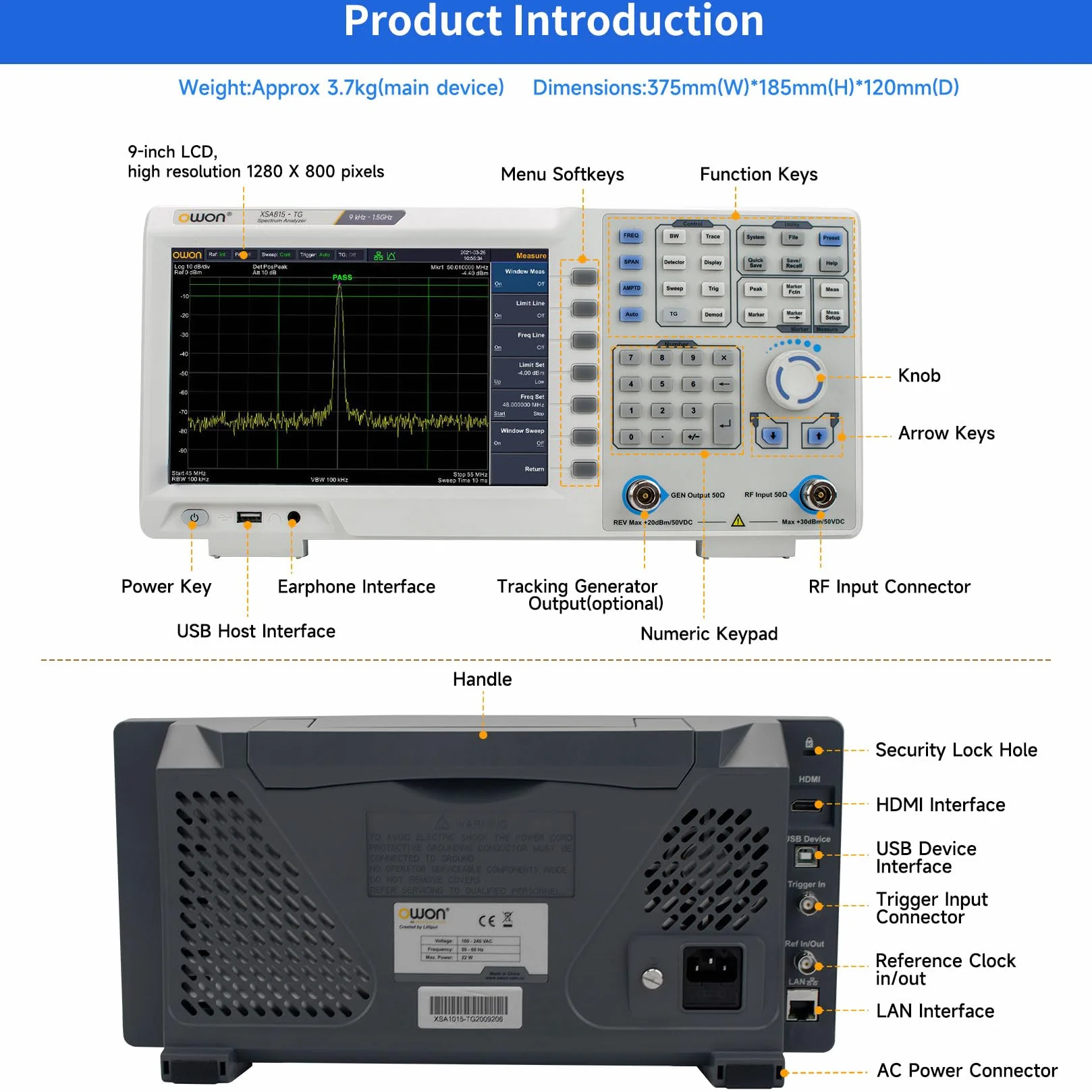 OWON XSA815-TG Analizador de Espectro Digital con Generador de Seguimiento,rango de frecuencia de 9 kHz a 1,5GHz,LCD TFT de 9 pulgadas con alta resolución 1280 x 800 para diversas pruebas industriales