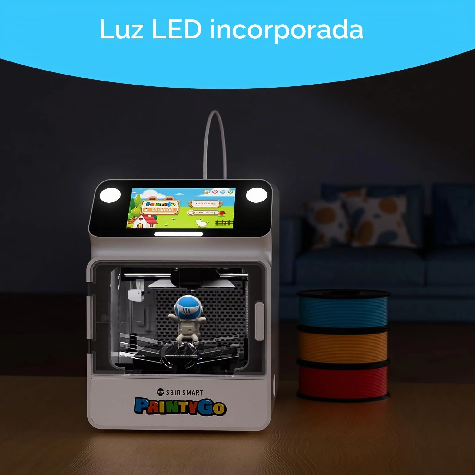 SainSmart Impresora 3D PrintyGo Mini para niños, 600 mm/s, autonivelación, Ideal para Principiantes, diseño Seguro para niños, Control por Wi-Fi/App, preensamblada para Aprendizaje Stem