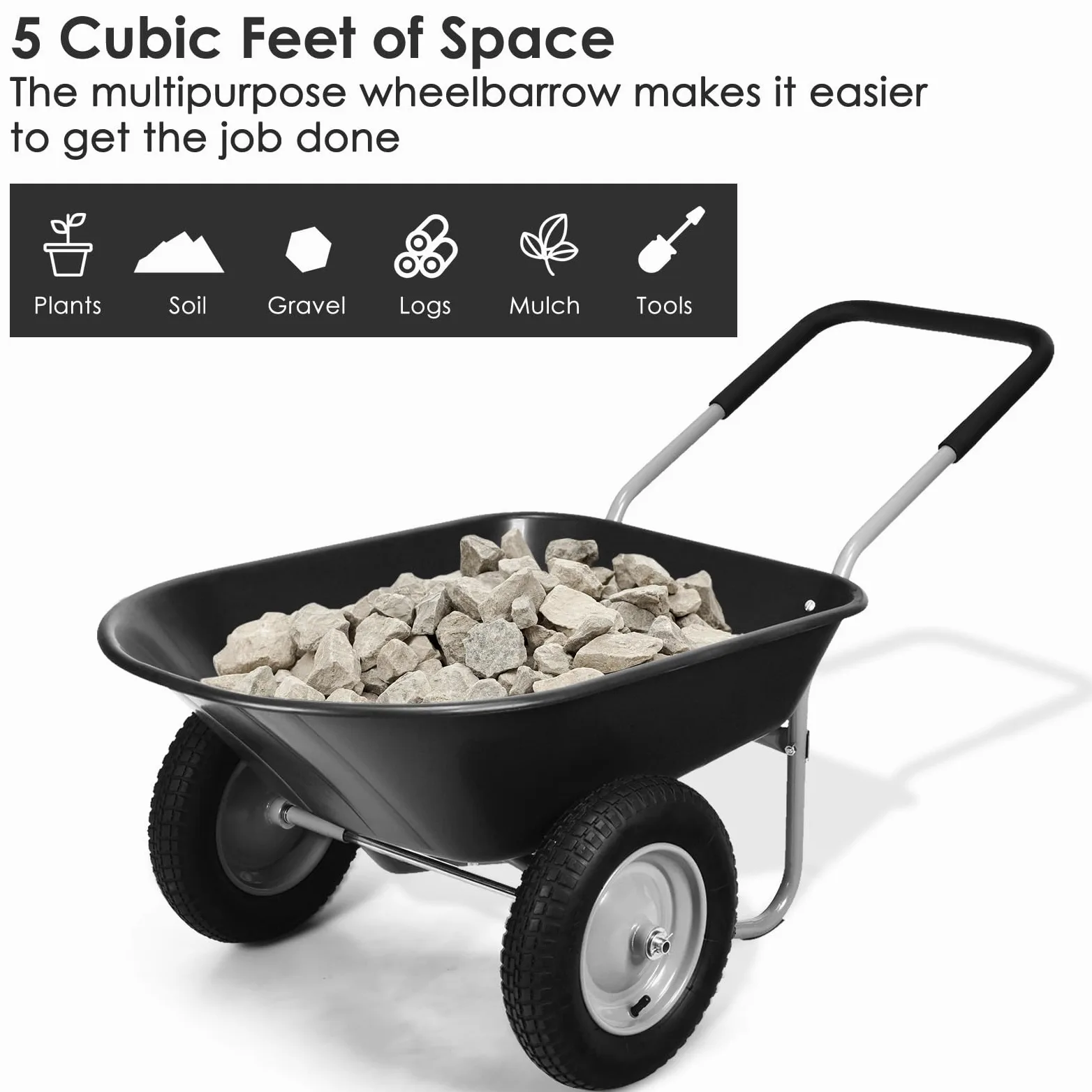 SOARS Carretilla de 100 litros de volumen, carretilla de jardín con 2 neumáticos de aire, mango de goma, carretilla de transporte, ideal para mover el suelo, arbustos de plantas, herramientas de