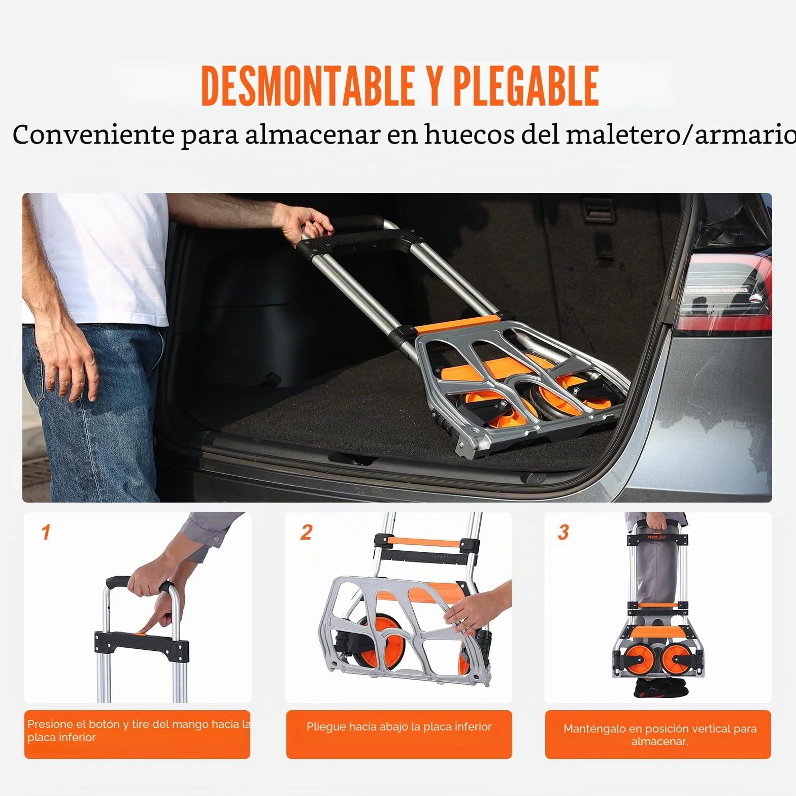 VEVOR Carretilla de Mano Plegable de Aluminio Carga 125 kg Carro de Mano con Ruedas de Goma Mango Telescópico