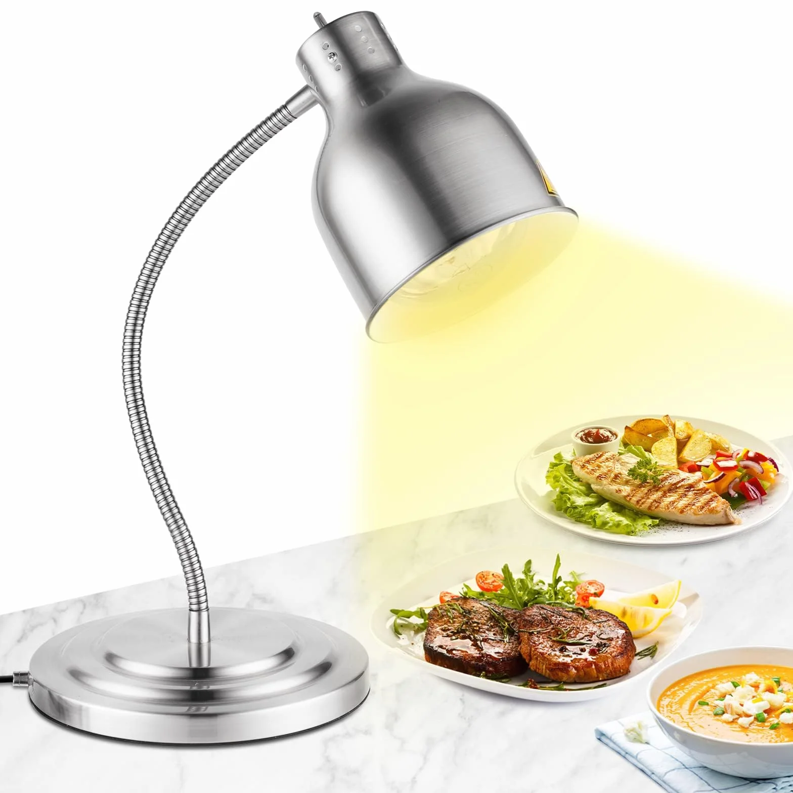 YJINGRUI Lámpara de calor para alimentos de pie, 250 W, plateada, con manguera extensible hasta 70 cm, para buffet, cocina, restaurante (bombilla única)