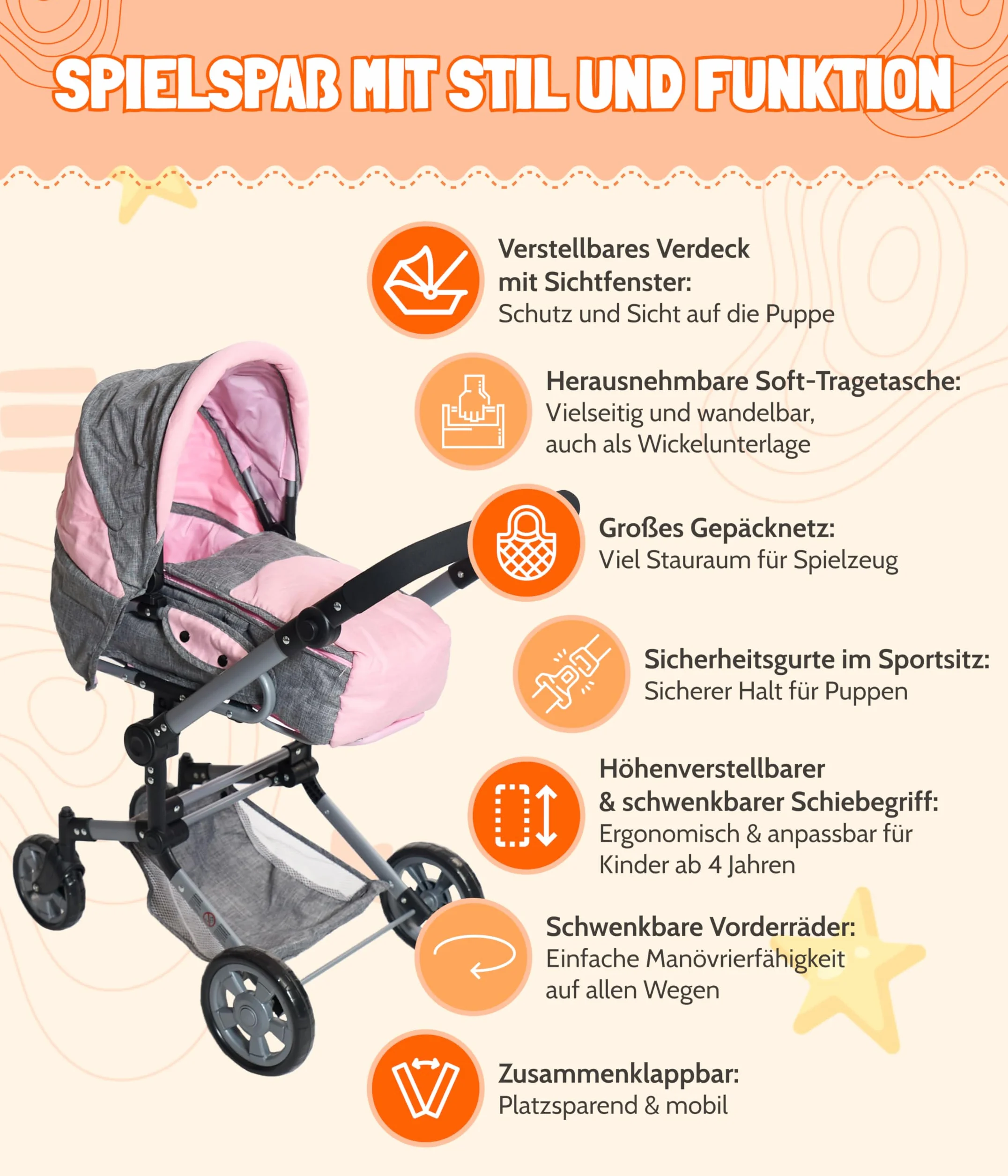 Bayer Chic 2000 Carrito 3 en 1 para muñecas Jara, Gris y Rosa, Plegable, Mango Regulable 47-78 cm, Bolsa Transporte