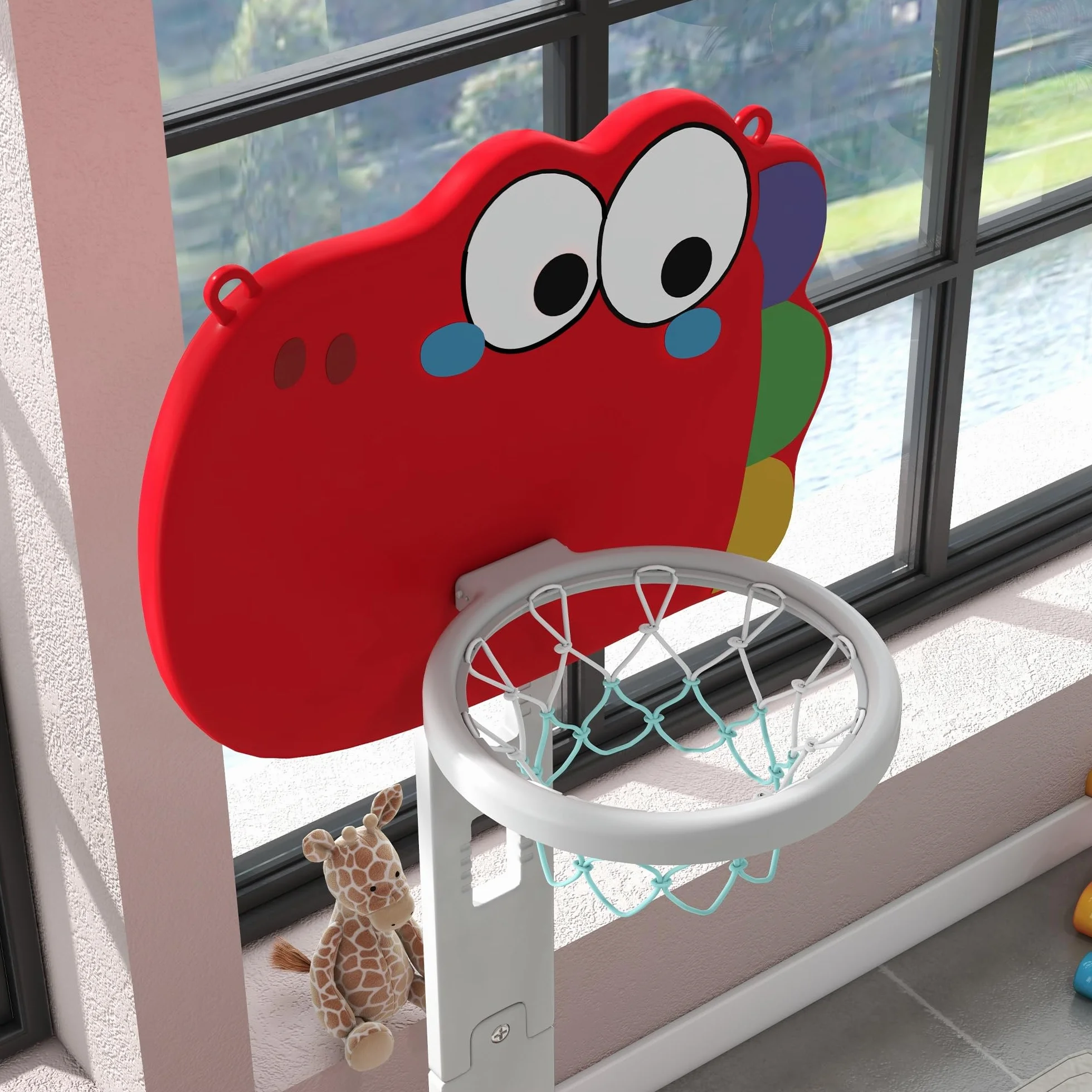AIYAPLAY Canasta de Baloncesto Infantil 5 en 1 Altura Ajustable con Fútbol Golf Lazo Juego de Lanzamiento de Pelota Rojo