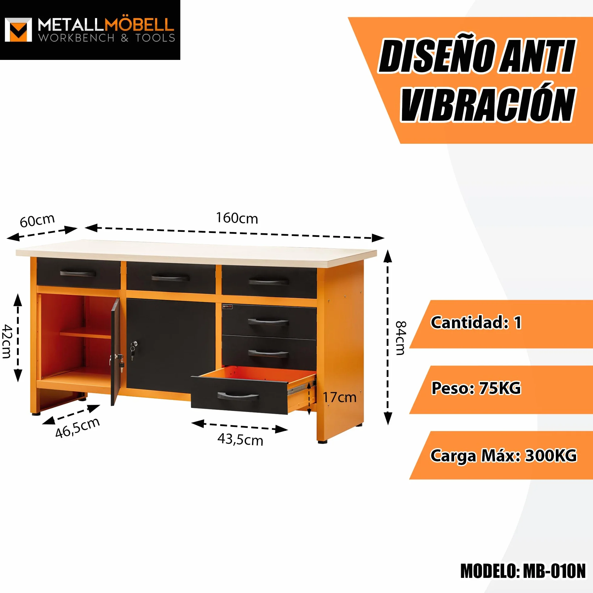 METALLMOBELL - Banco de Trabajo Profesional | 160x60x84cm, Cajones y Armario con Llave, Mesa de Trabajo Taller, Banco de Trabajo Taller, Mesa Trabajo, Banco de Carpintero, Banco Herramientas -MB010N-N