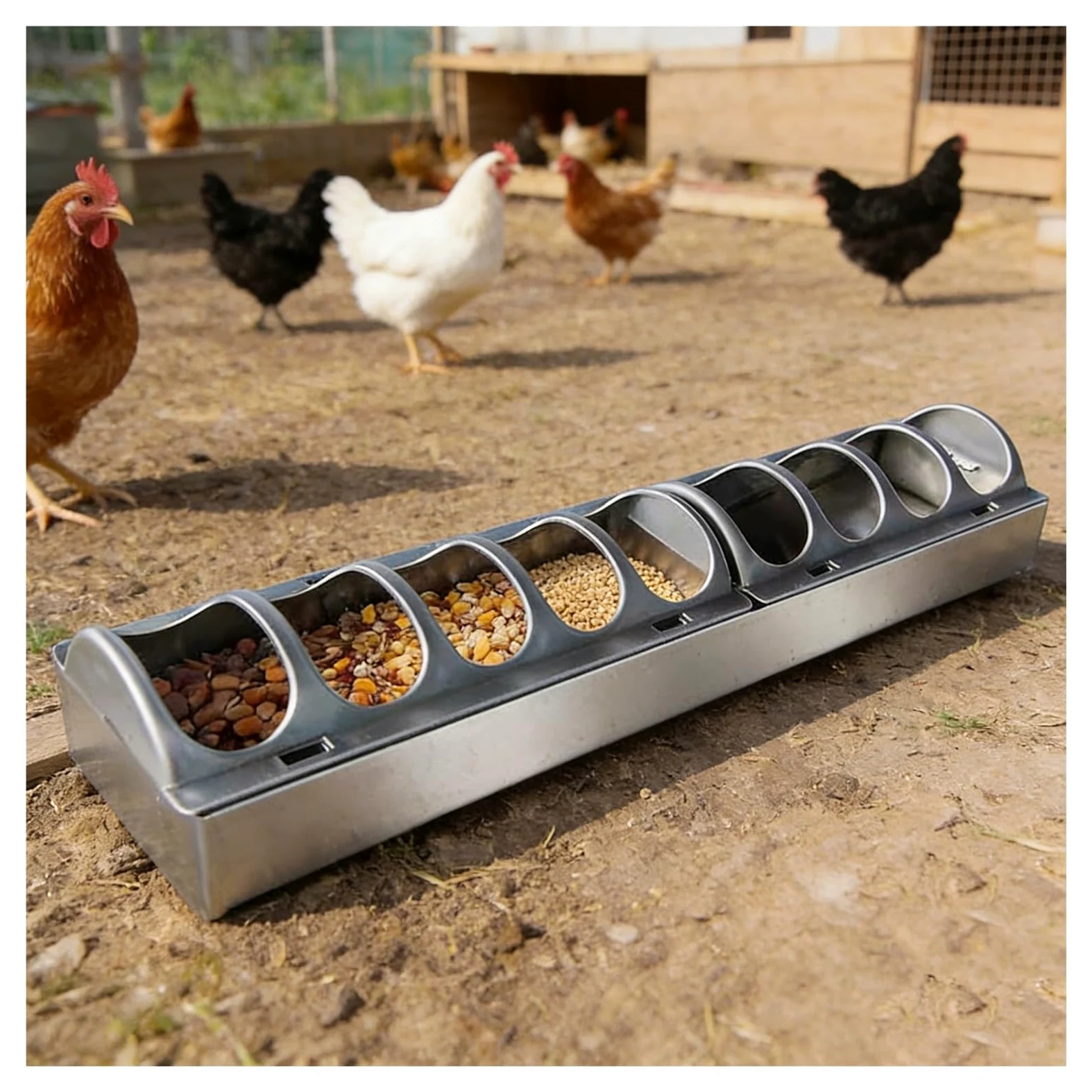 Comedero de pollo de acero inoxidable, bebedero de doble cara con divisor desmontable, para gallineros y patio trasero