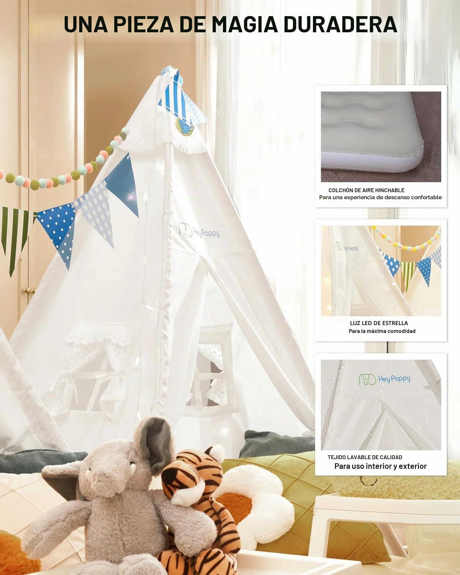 Tipi Infantil Tienda Campaña con Colchón Inflable Luces Globos Bomba Lavable Fiesta Pijamas Interior Exterior Niños Niñas Casa Juego Dormir