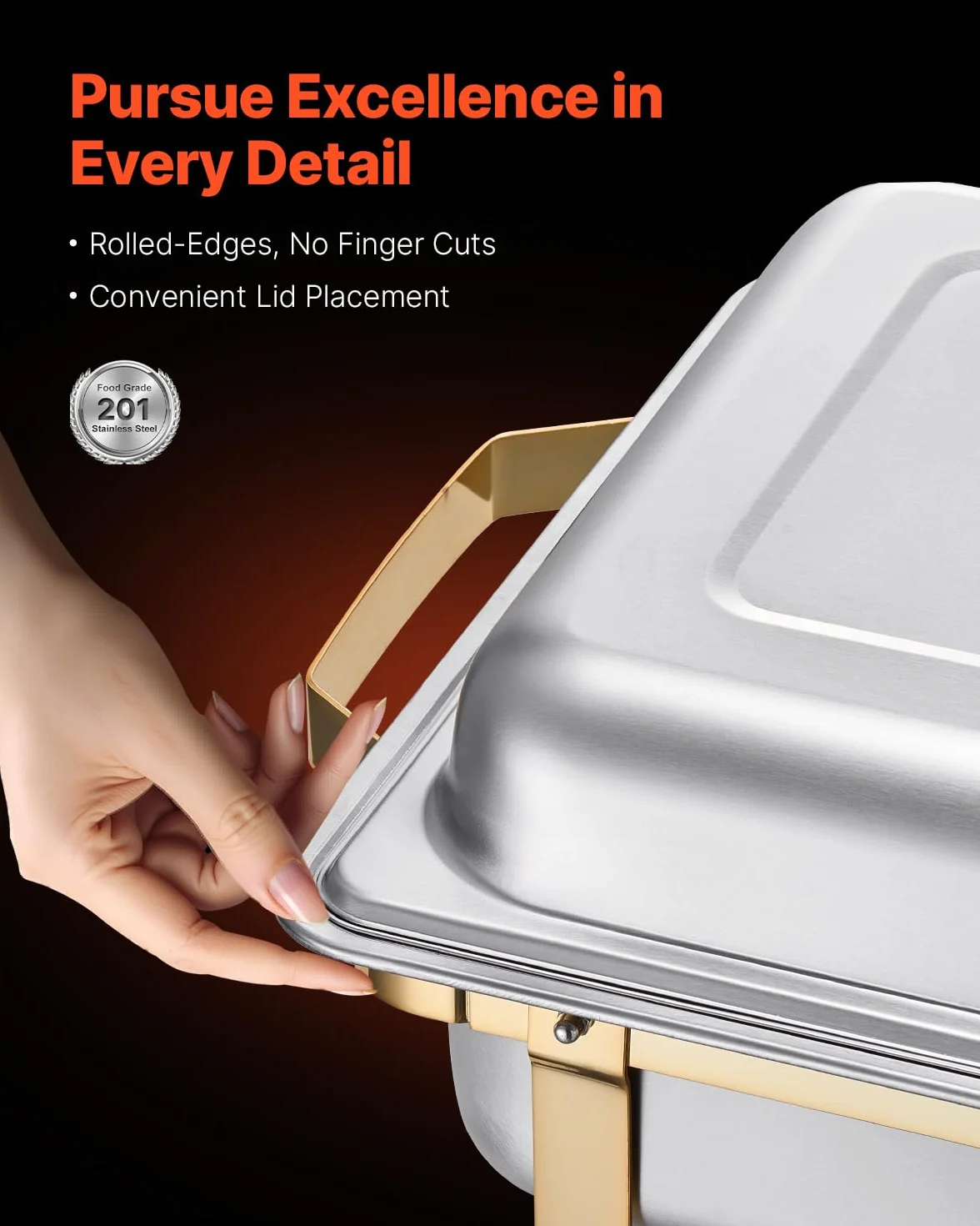 VEVOR Juego de Calentador de Alimentos Acero Inoxidable 2 Cacerolas 7,5L 4 Cacerolas 4L Rectangular Catering Tapa Soporte Dorado