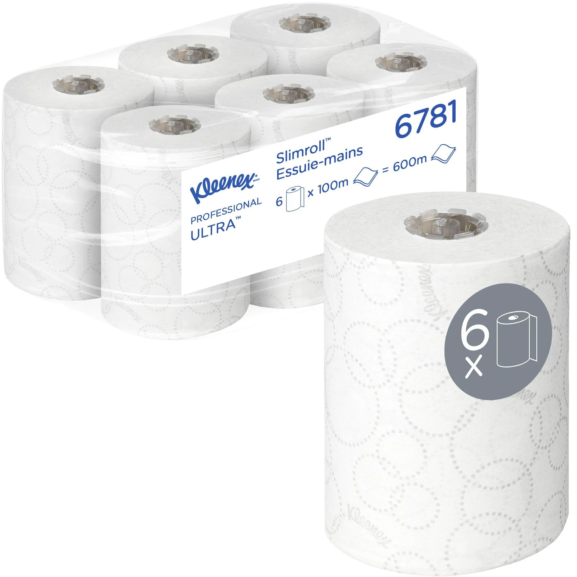 Kleenex Ultra Slimroll Papel Secamanos 6781, Suave, Absorbente y Eficiente, Papel Secamanos Blanco, Compatible con Dispensador Aquarius, 6 Rollos de 100 m Cada Uno, 2 Capas