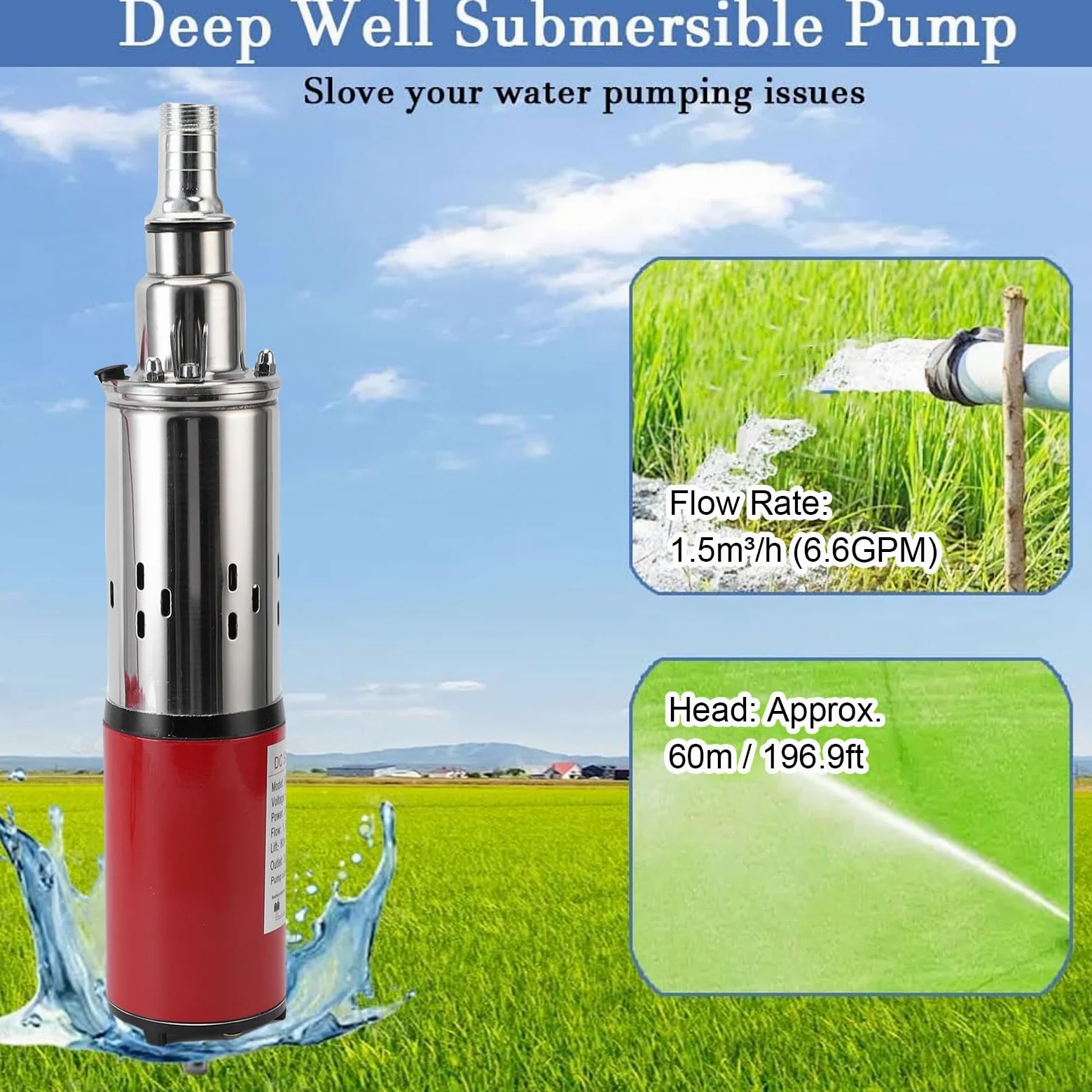 EMUKOEP Bomba de Agua de Pozo Solar de Alta Presión Sumergible de Acero Inoxidable para Riego de Tierras de Cultivo