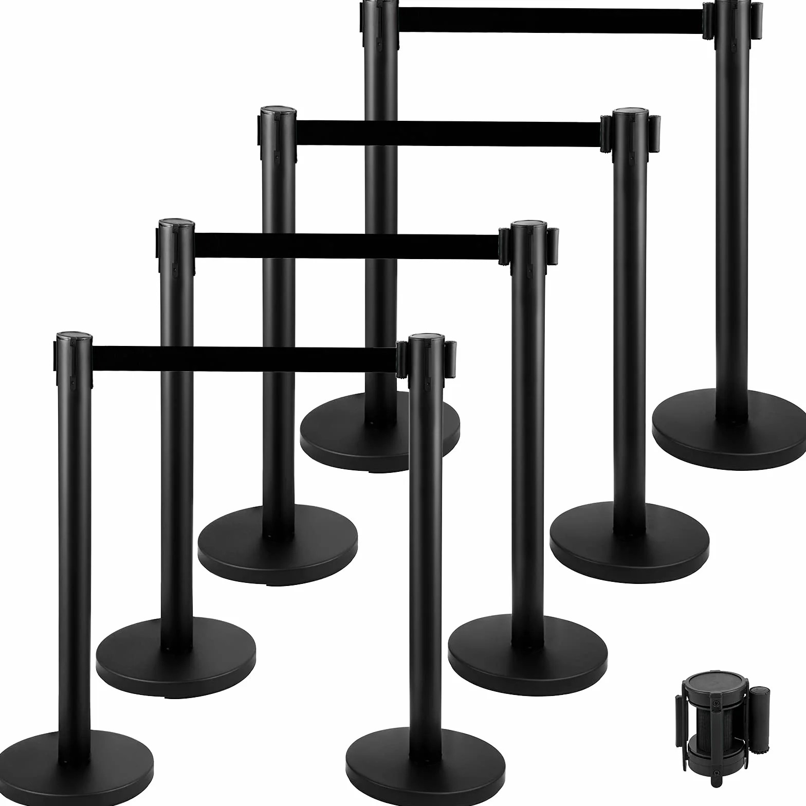 VEVOR Postes Separadores 8 piezas Altura 90 cm Negros Poste Separador con Cinta Extensible de 2 m Diámetro de Base 32 cm Postes de Barrera de Control de Multitudes Retráctiles (8 pcs, Negro)