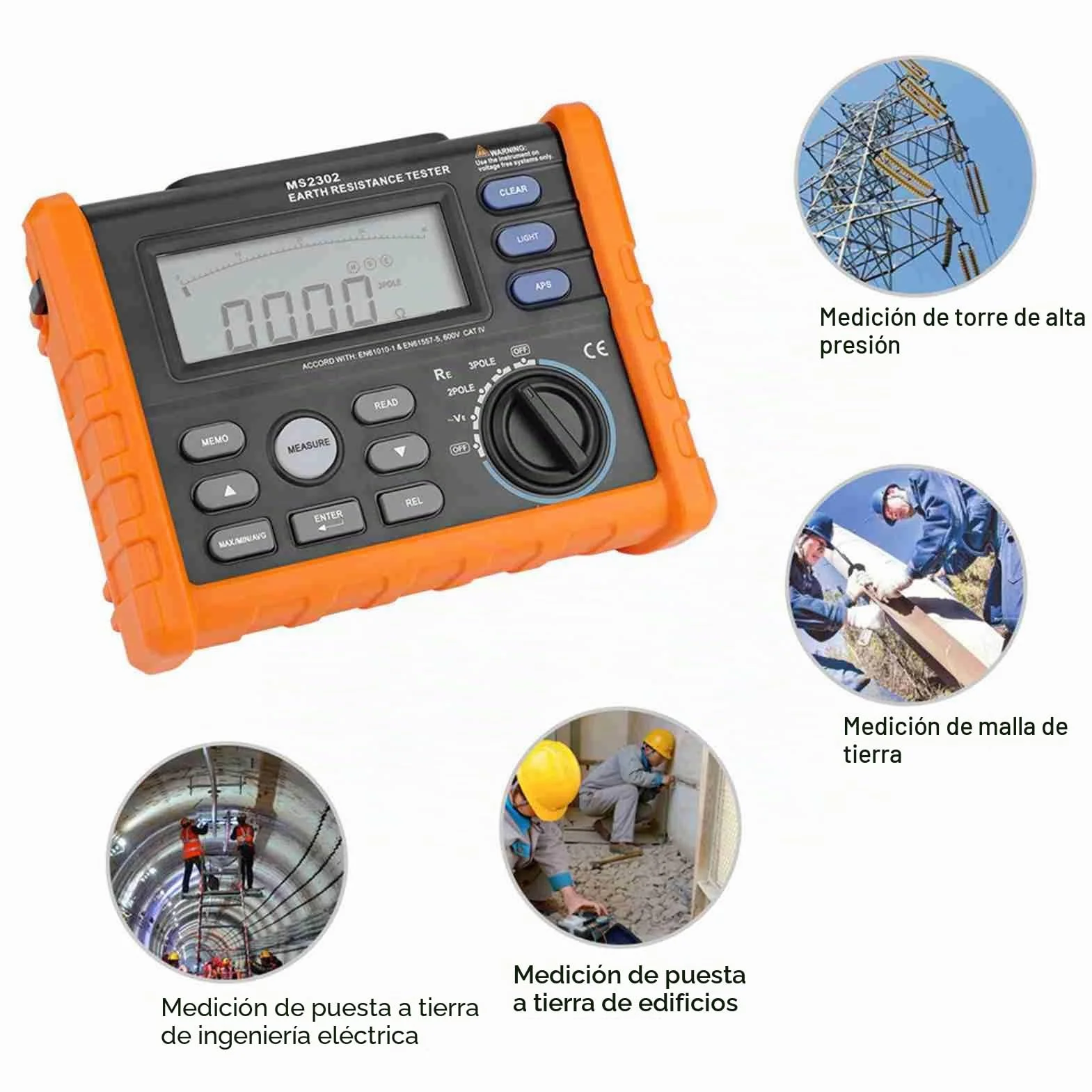 PEAKMETER MS2302 Probador digital de resistencia de tierra Medidor de resistencia Megger 0~4K ohm 100 Grupos Registro de datos