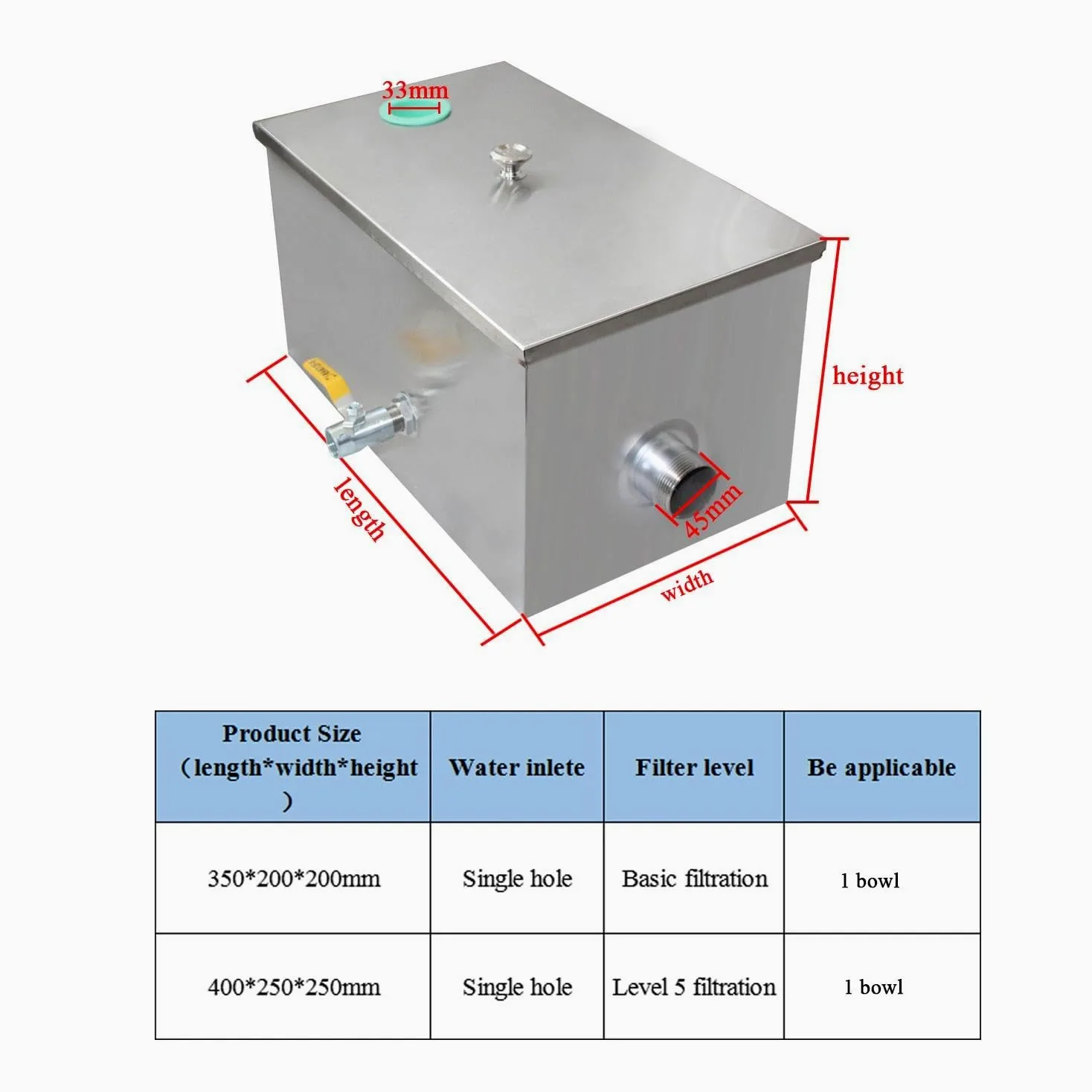 Trampa grasa separador de grasas bajo fregadero inox cocina 1 entrada interceptor de grasa para restaurantes gastronomía (40 x 25 x 25CM)