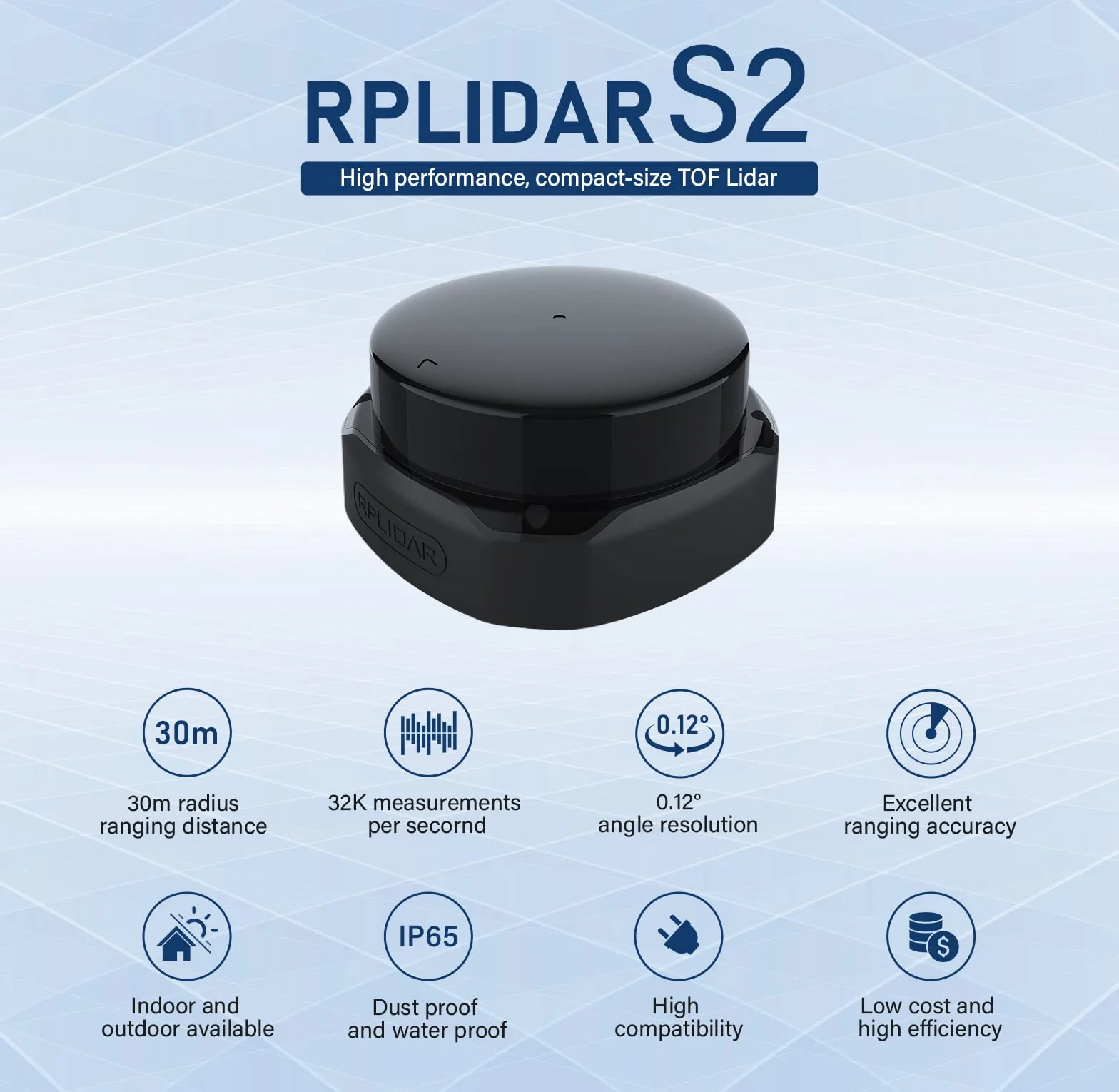 RPLIDAR S2 2D 360 grados 30 metros de radio de escaneo IP65 LIDAR Sensor para evitar obstáculos y navegación de robots