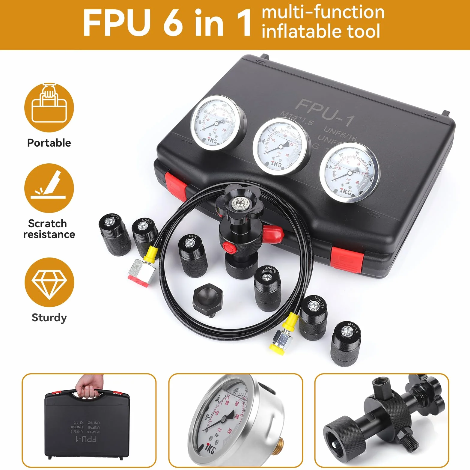 Kit de carga de acumulador de nitrógeno hidráulico, kit de llenado de nitrógeno, sistema de prueba de presión de nitrógeno con 7 acoplamientos, 3 manómetros (1500 PSI/4000 PSI/6000 PSI) y 1 manguera