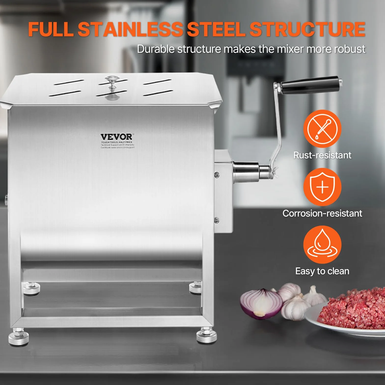 VEVOR Mezcladora de Carne Manual Tanque 30 L Equipo de Procesamiento de Carne Mezcla Máxima 20,4 kg Mezcladora de Salchichas de Acero Inoxidable Batidora de Carne con Tapa, Reductor de Engranajes
