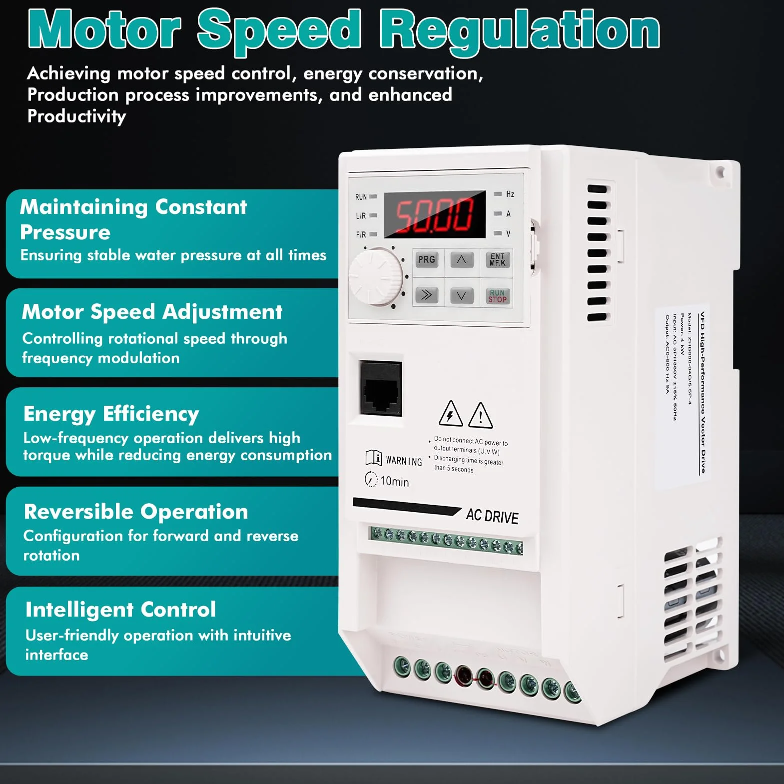 Jadeshay VFD Trifásico 4kW Variador de Frecuencia Trifásico 380V Controlador de Velocidad del Motor VFD Trifásico Entrada Salida Convertidor de Frecuencia Control por Perilla y Desmontable