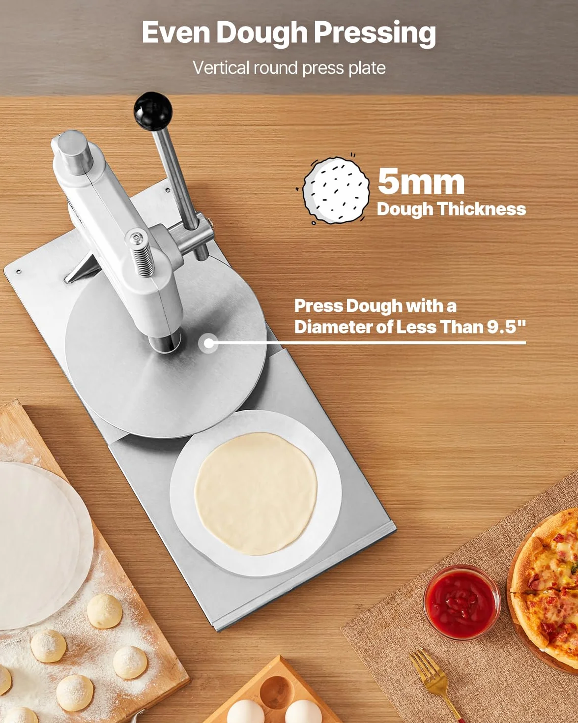 VEVOR Prensa Manual para Masa de Pizza, Placa de 24 cm, Prensa de Pan de Acero Inoxidable, para Hacer Chapatis, Formadora con Asa y 100 Hojas de Papel Pergamino, 400 x 245 x 360 mm, Color Plata