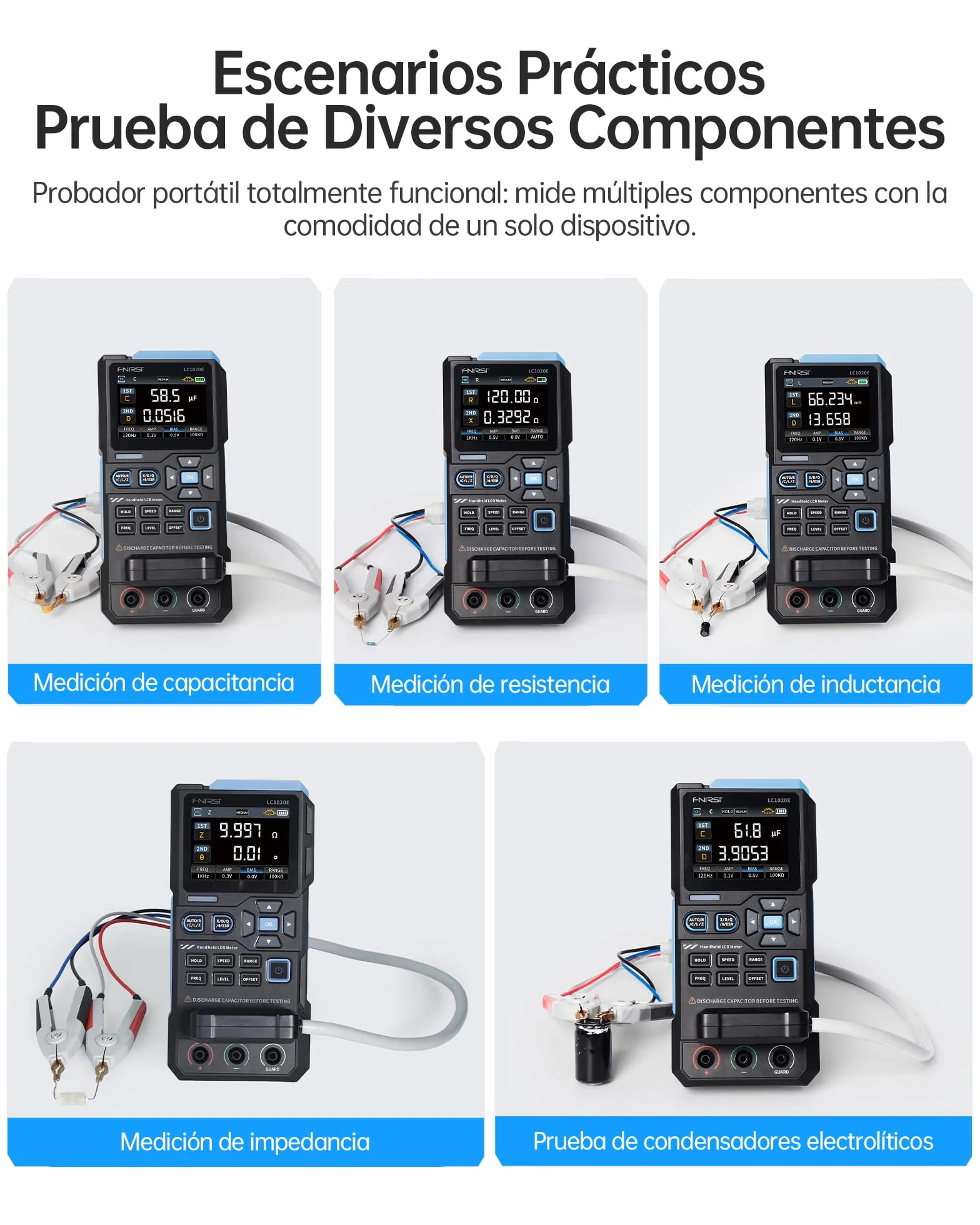 FNIRSI LC1020E Medidor Digital LCR 100kHz, Tester de Resistencia Inductor Condensador, 19999 Cuentas, Detección Auto de Componentes, Mide ESR/Q/D/θ/X, Pantalla Dual, Calibración Apertura Cortocircuito