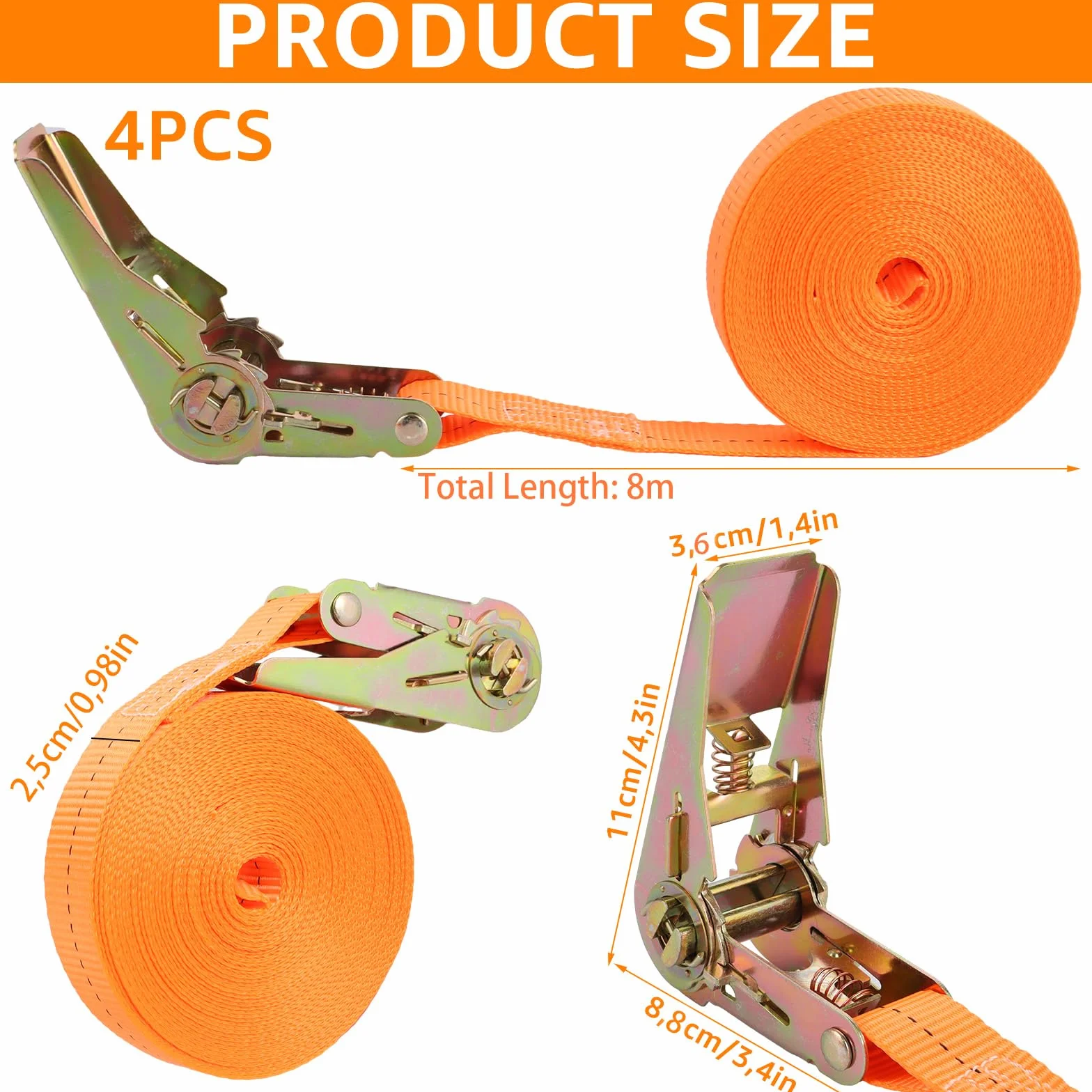 Juego de 4 cinchas de amarre con carraca, 800 kg, 8 m x 25 mm, para equipaje y carga
